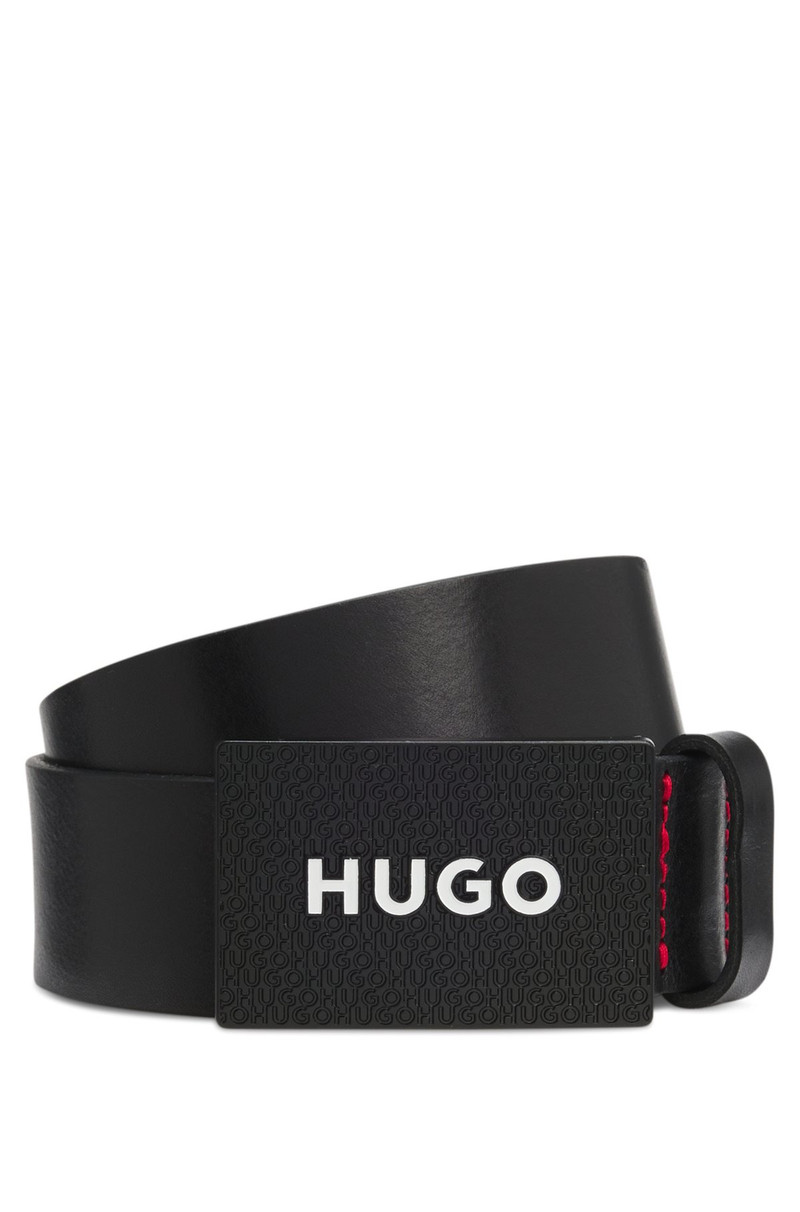 MATTE LEATHER BELT WITH BRANDED PLAQUE BUCKLE 1