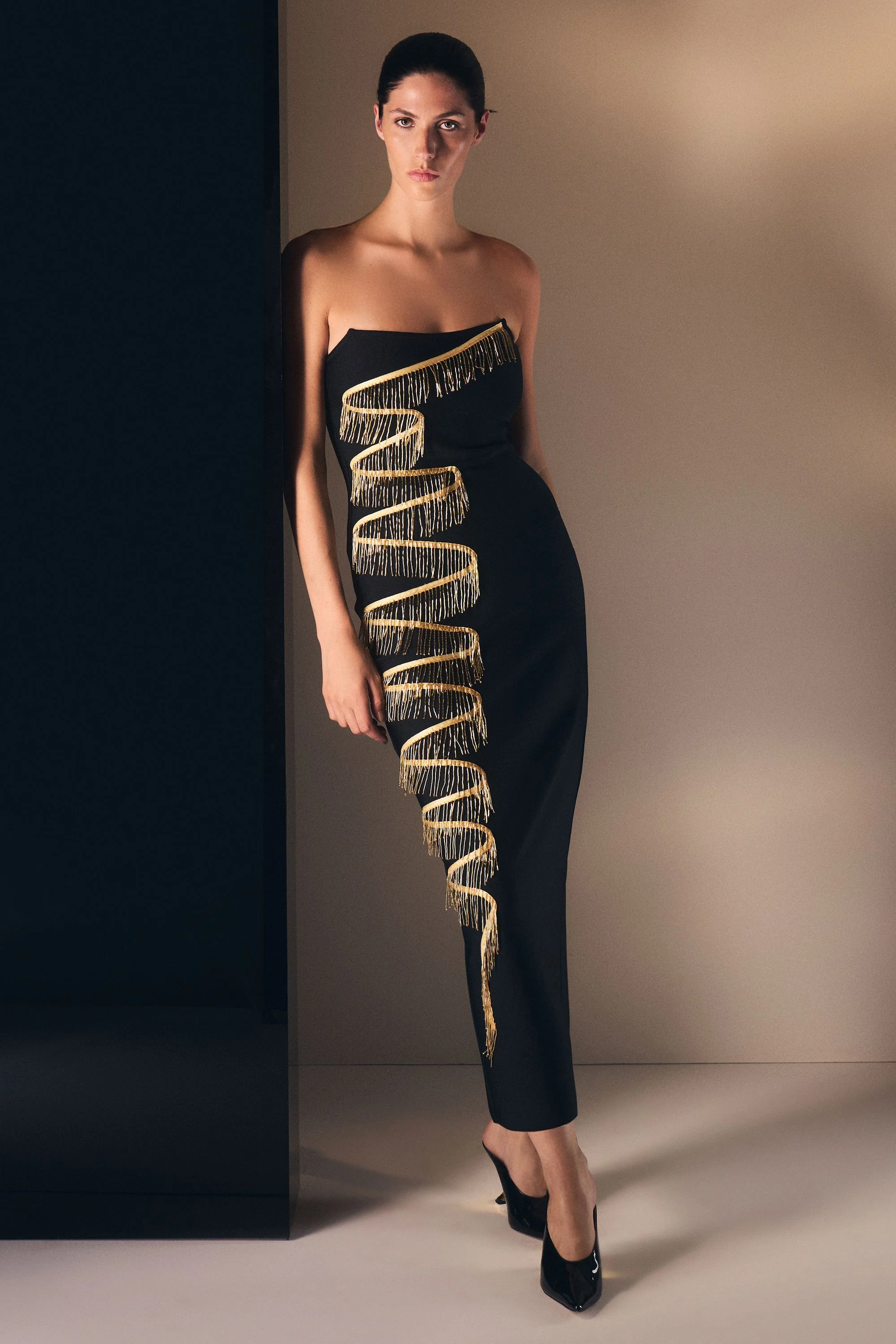 Embellished Fringe Bandeau Figure Form Bandage Maxi Dress - 1