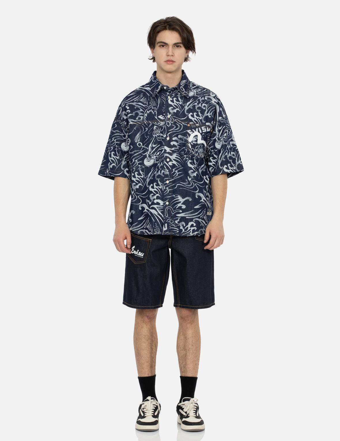 ALLOVER SEAGULL AND CARP EXTRACTED PRINT LOOSE FIT DENIM SHIRT - 5