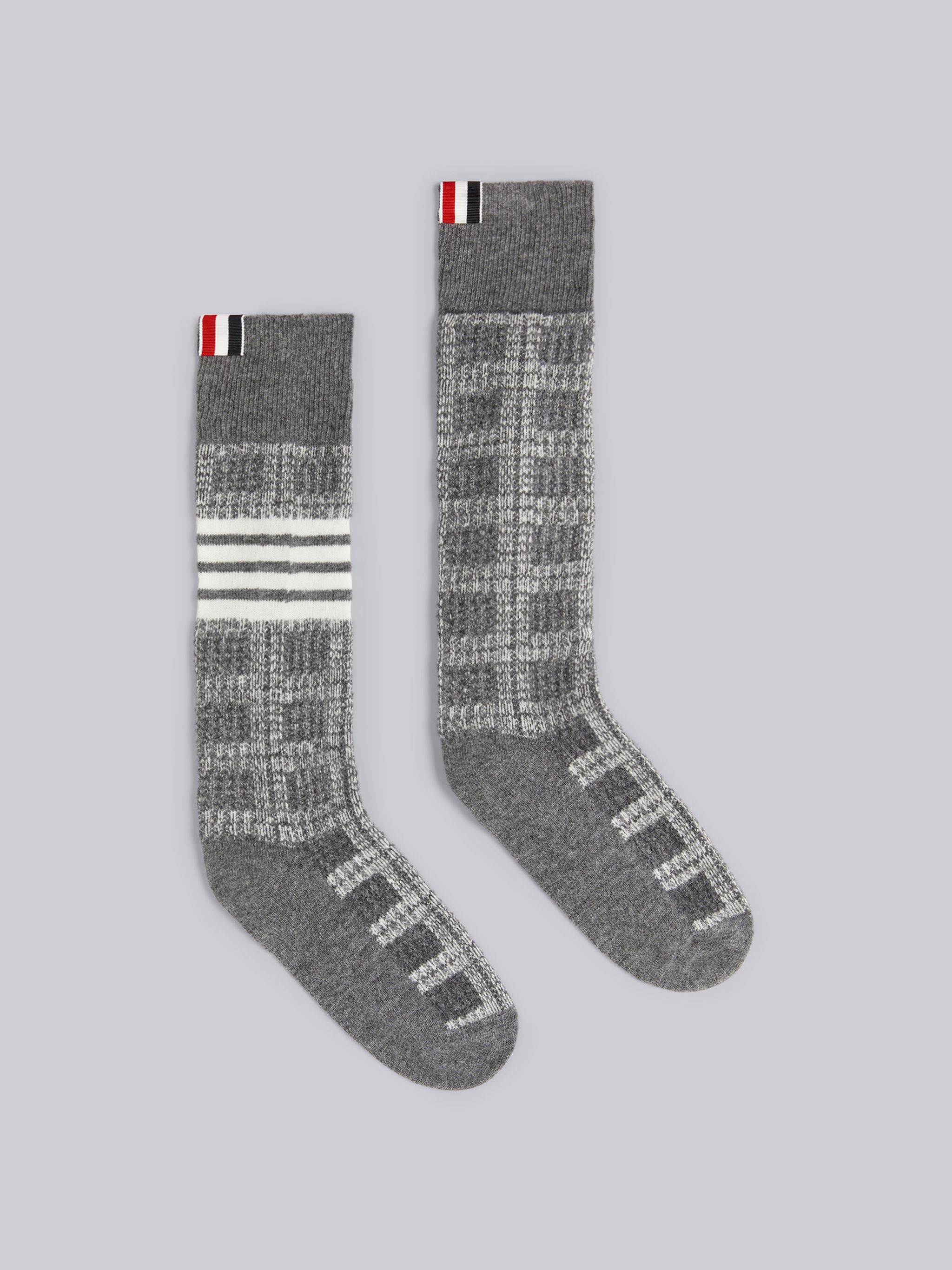 Tonal Grey Grid Windowpane Check Baby Merino Jacquard 4-Bar Stripe Over-the-calf Socks - 1