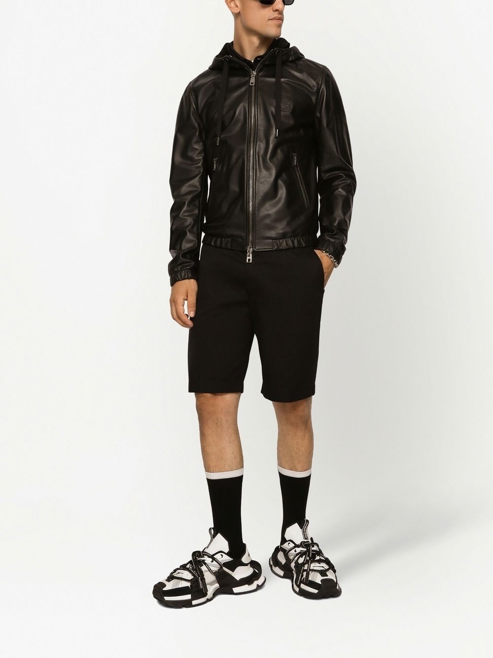 logo-tag hooded leather jacket - 2