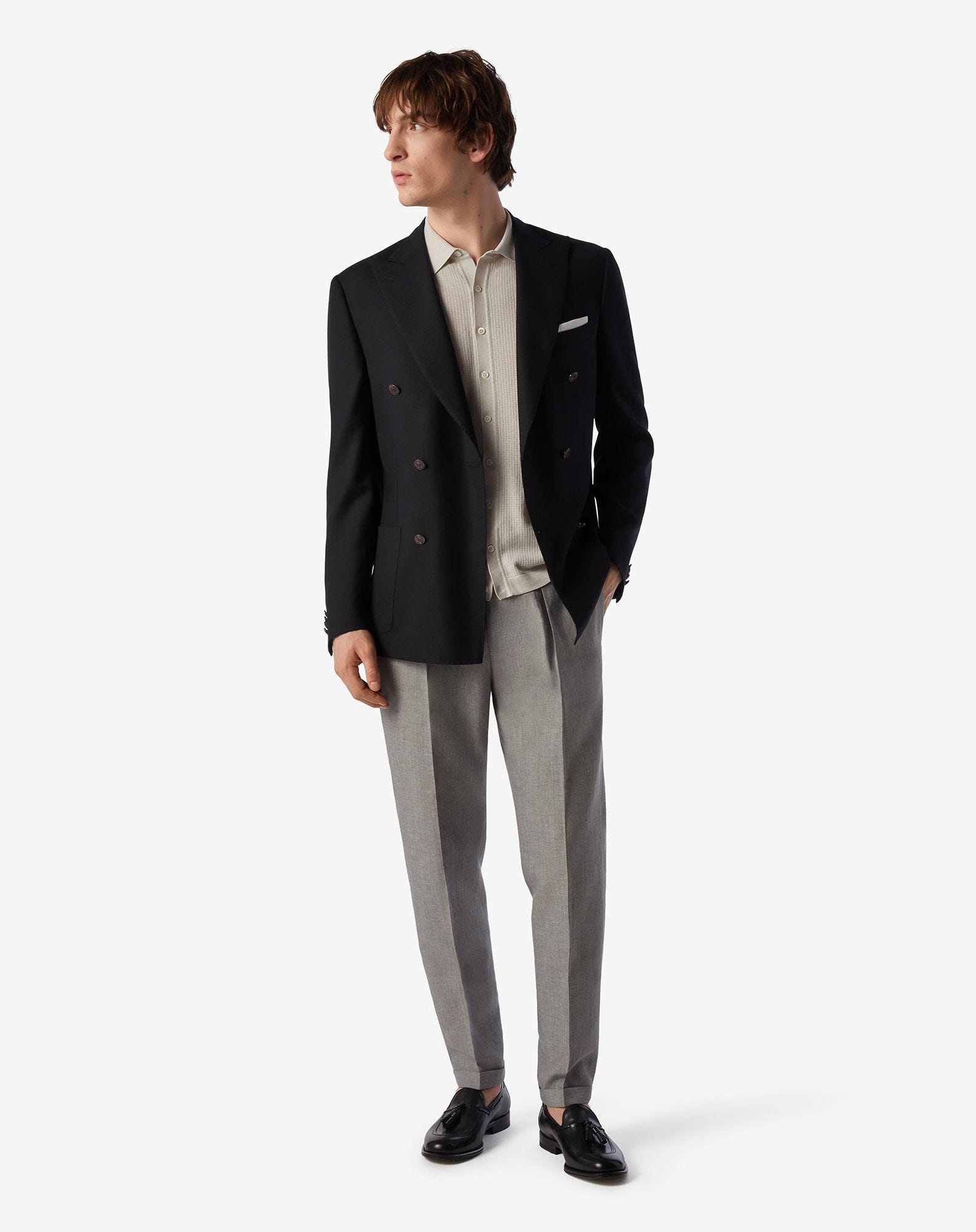 Black double-breasted 110's hopsack wool jacket - 6