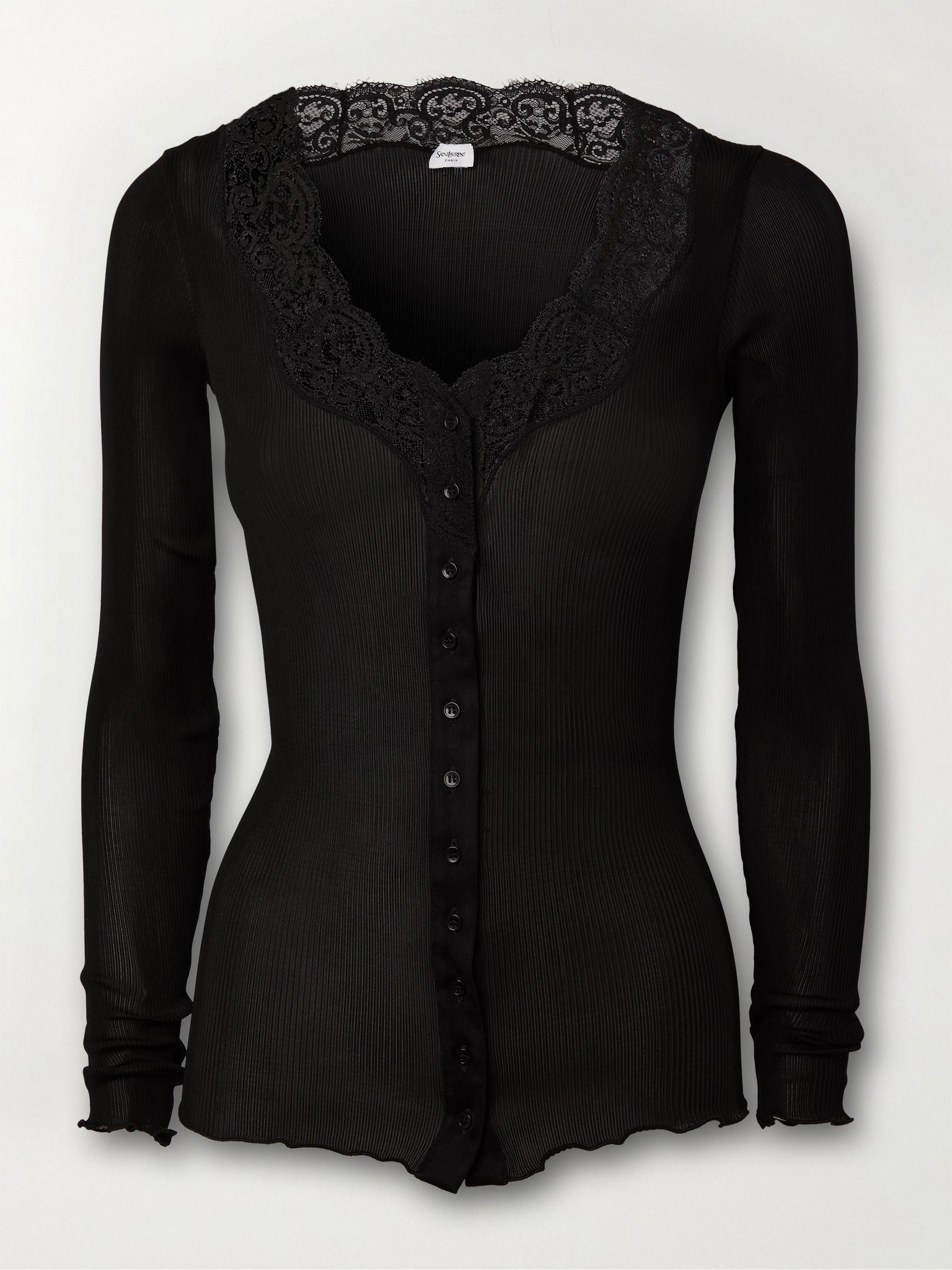 Lace-trimmed ribbed silk-jersey cardigan Black - 1