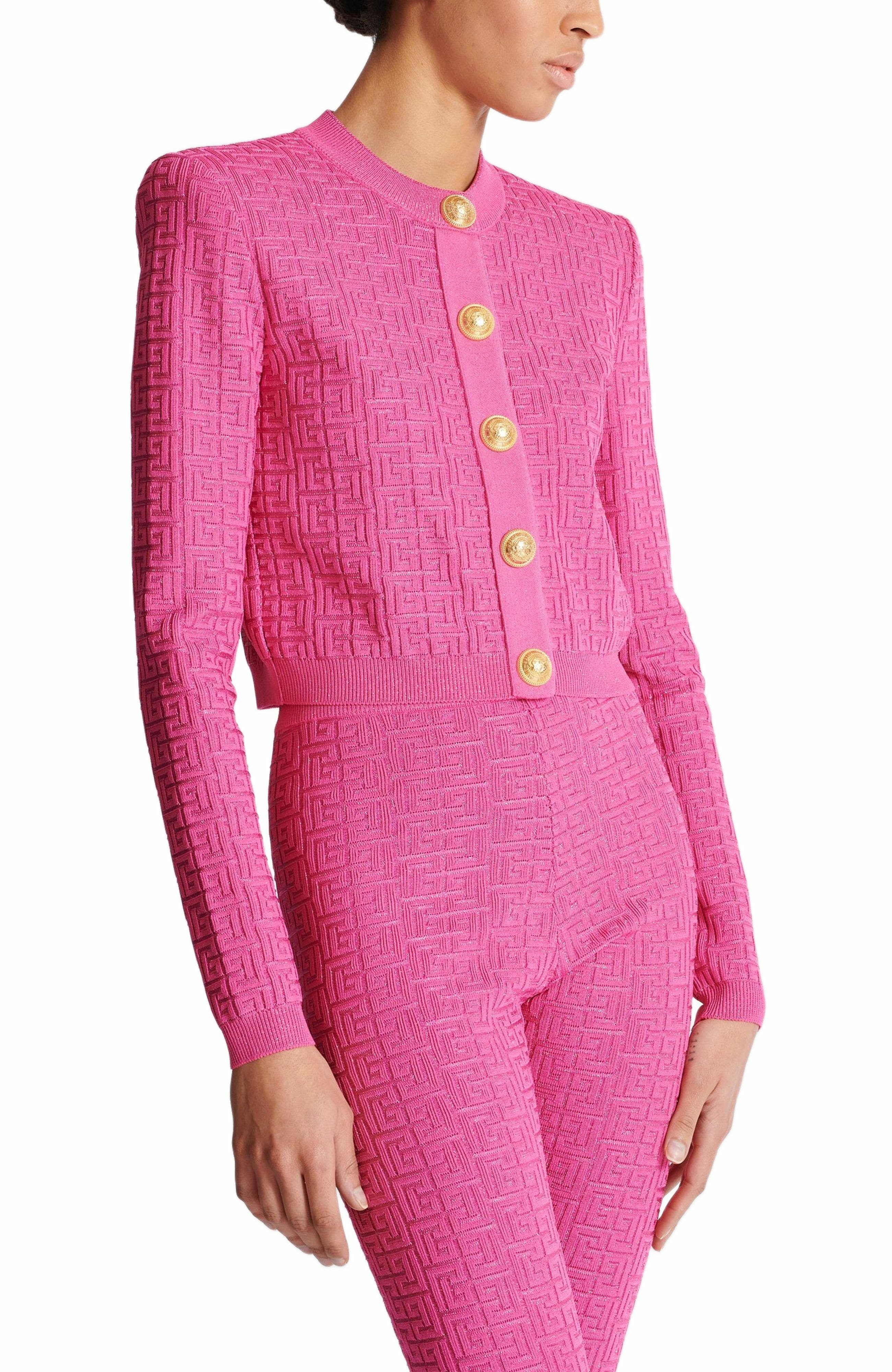 Balmain Cropped monogrammed knit cardigan in Pink at Nordstrom - 5