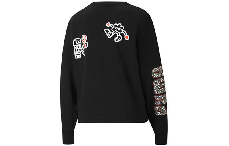 PUMA (WMNS) PUMA X MR DOODLE Crew Embroidery Round-neck Sweatshirt Black 598687-01 outlook