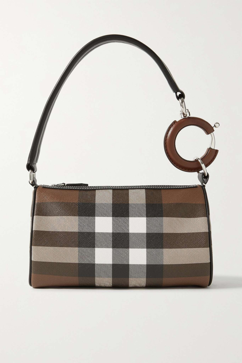 Leather-trimmed checked coated-canvas shoulder bag 1
