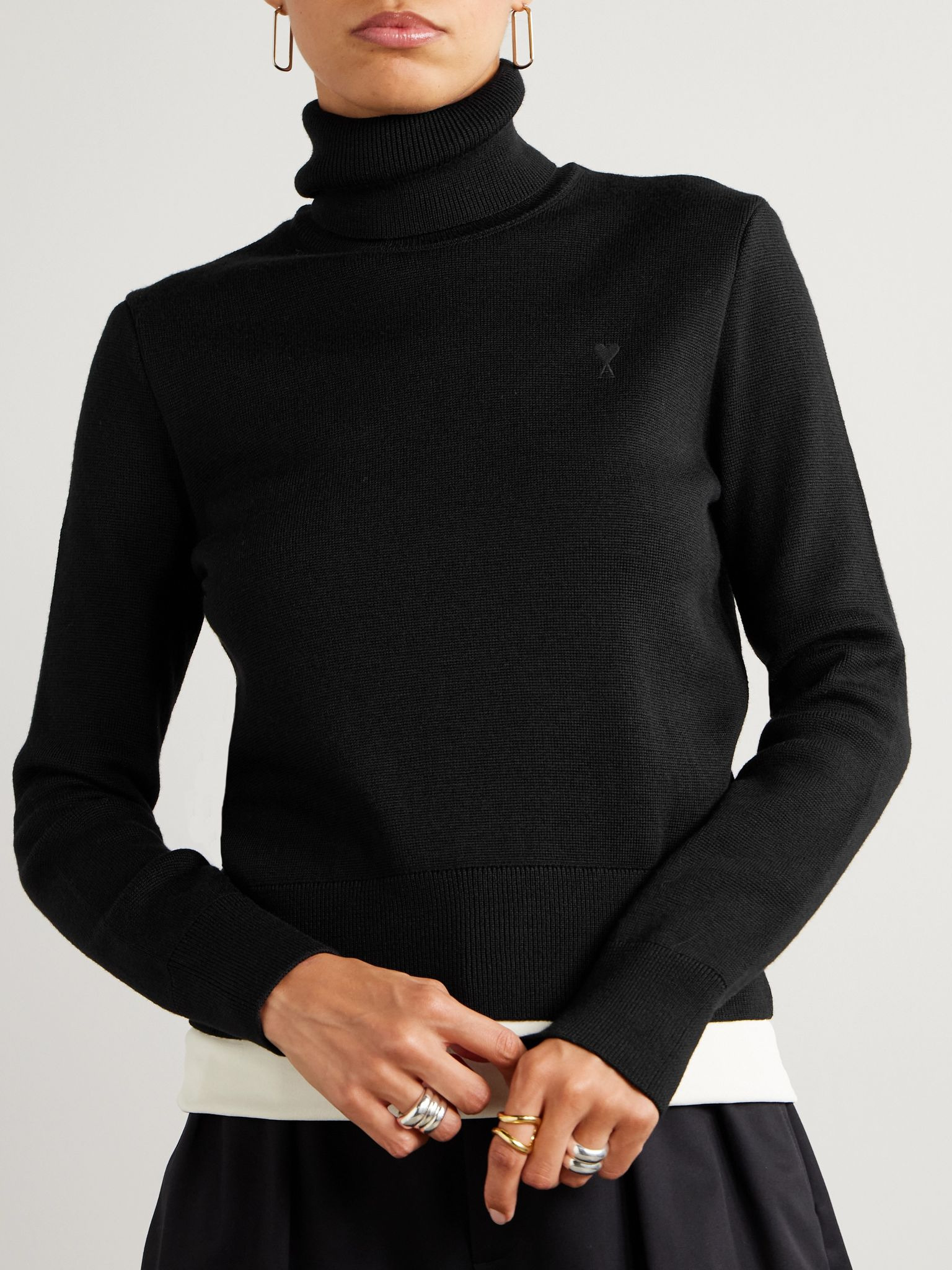 Embroidered wool turtleneck sweater Black - 3