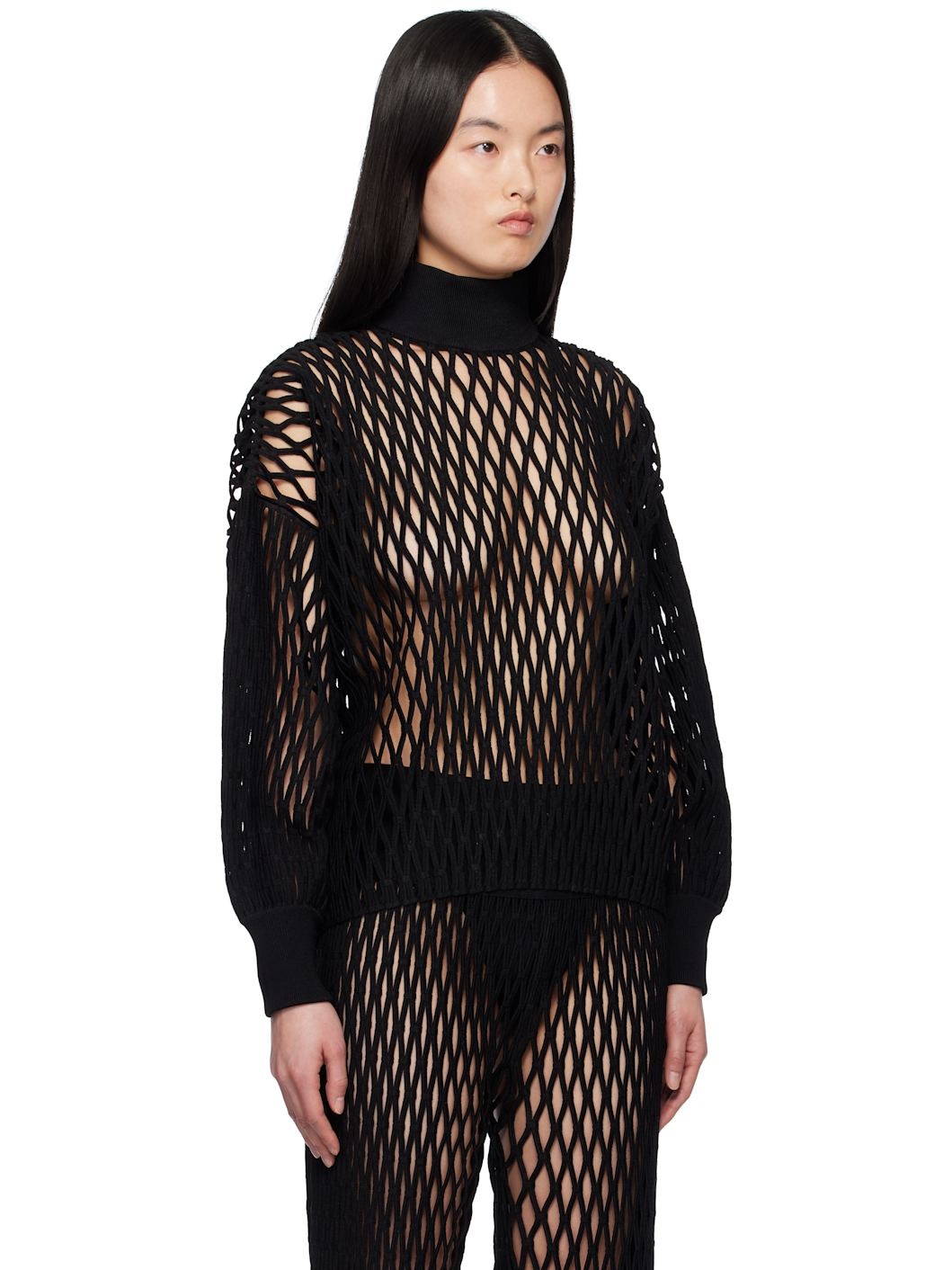 Black Macramé Knit Loose Turtleneck - 2