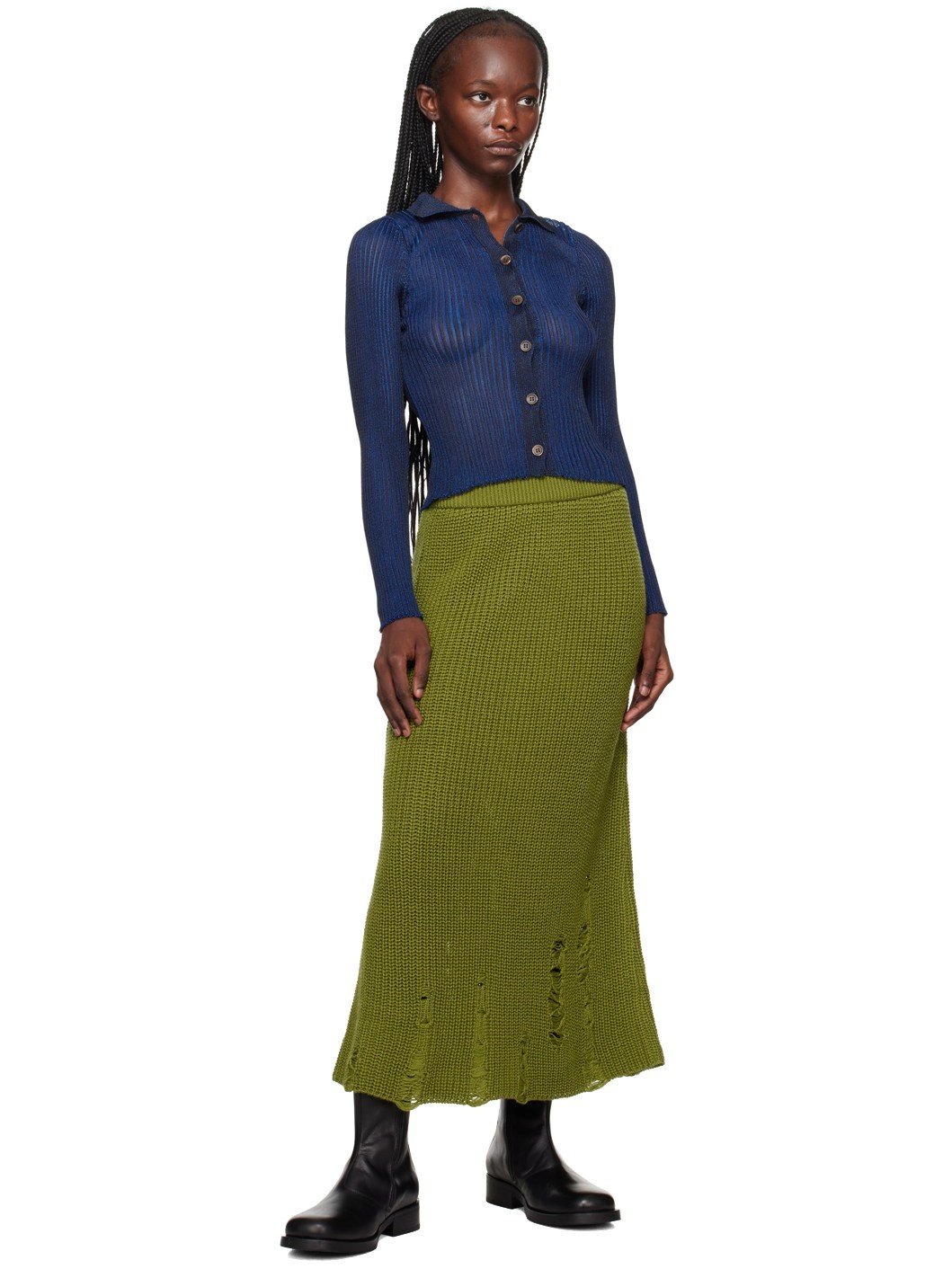 Green Distressed Midi Skirt - 4