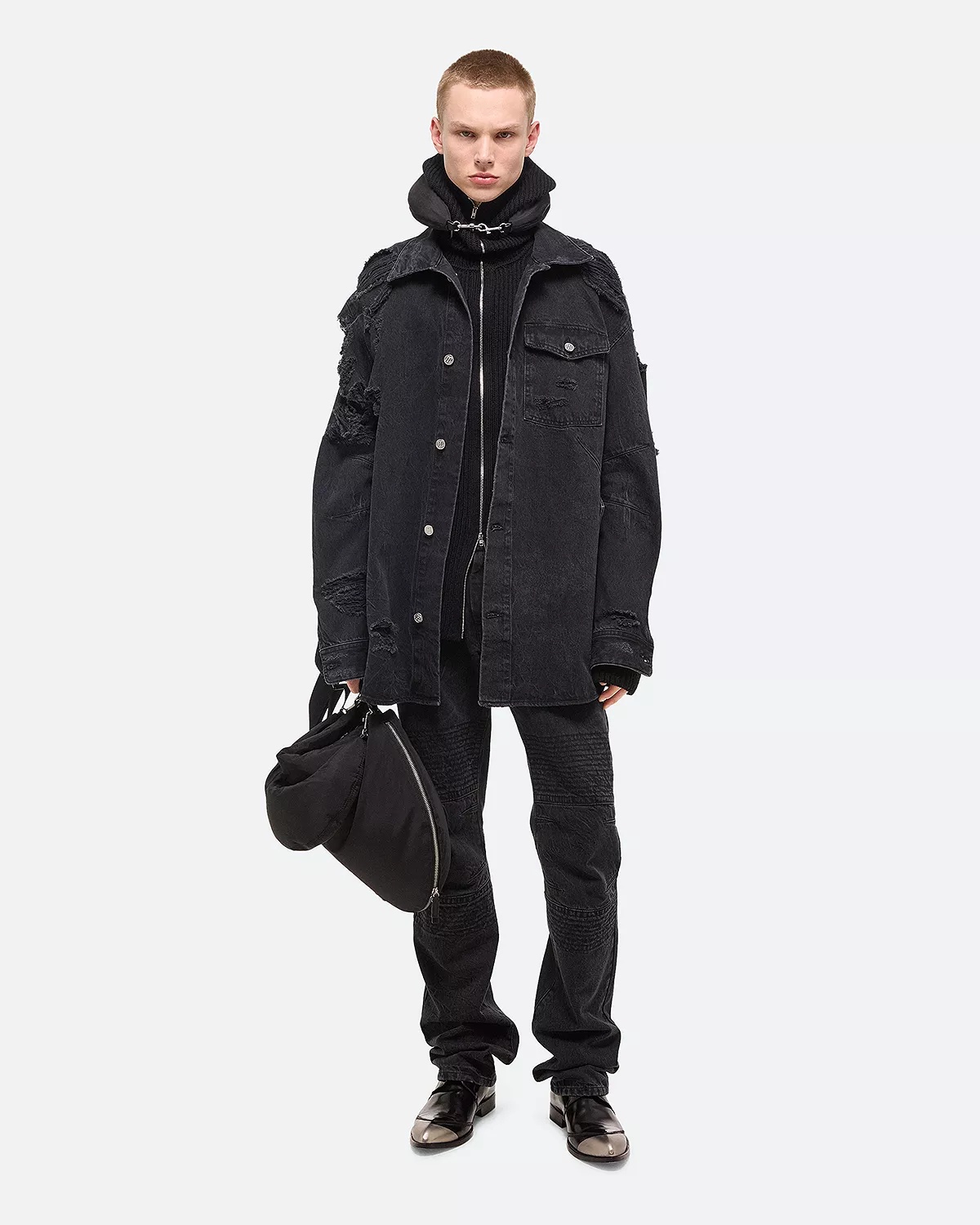 Oversized button-front shirt in washed black denim. Curved seams wrap around the body, emphasizing t - 2