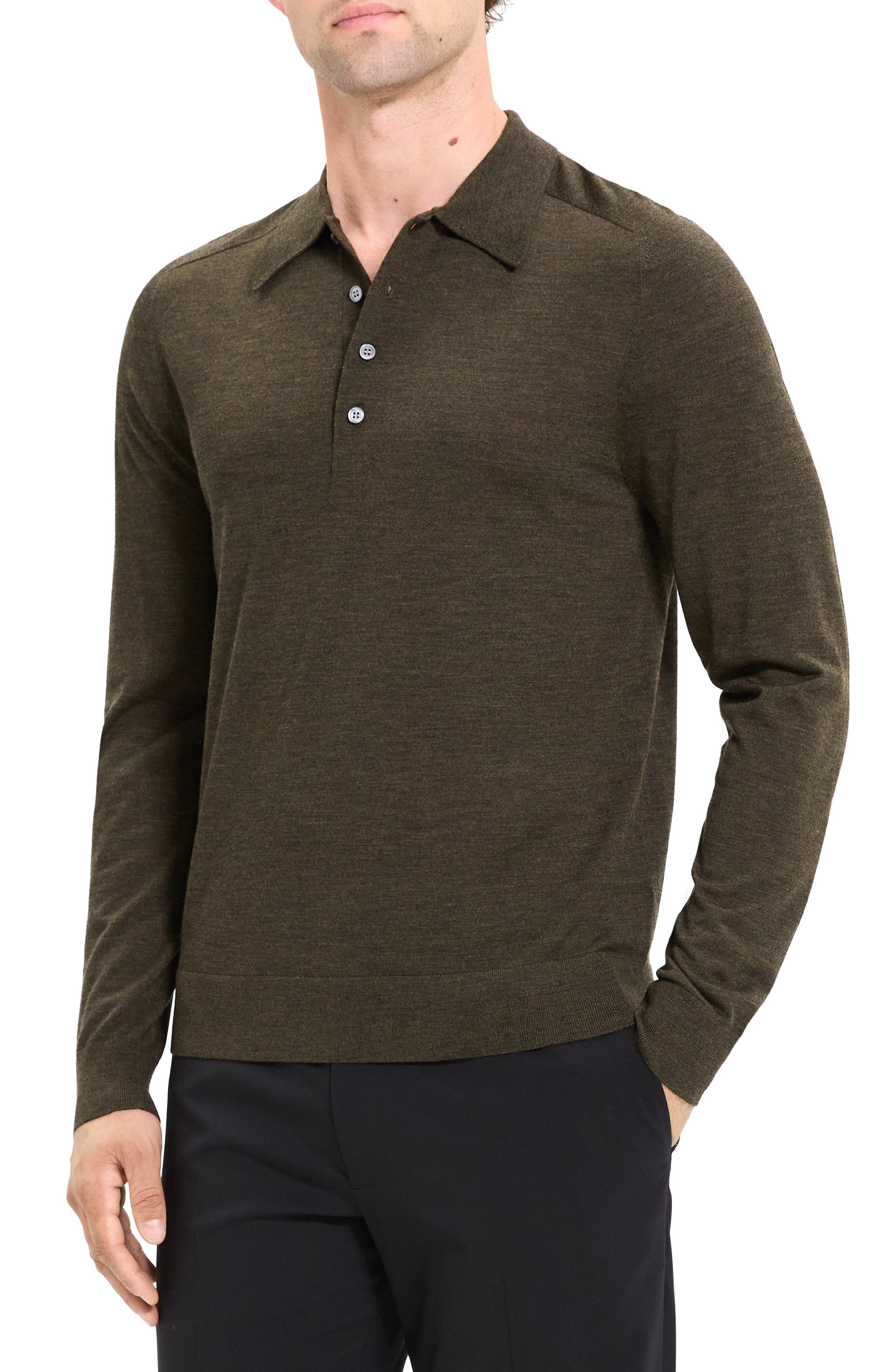 Theory Regal Long Sleeve Wool Blend Polo in Hunter Green at Nordstrom - 3