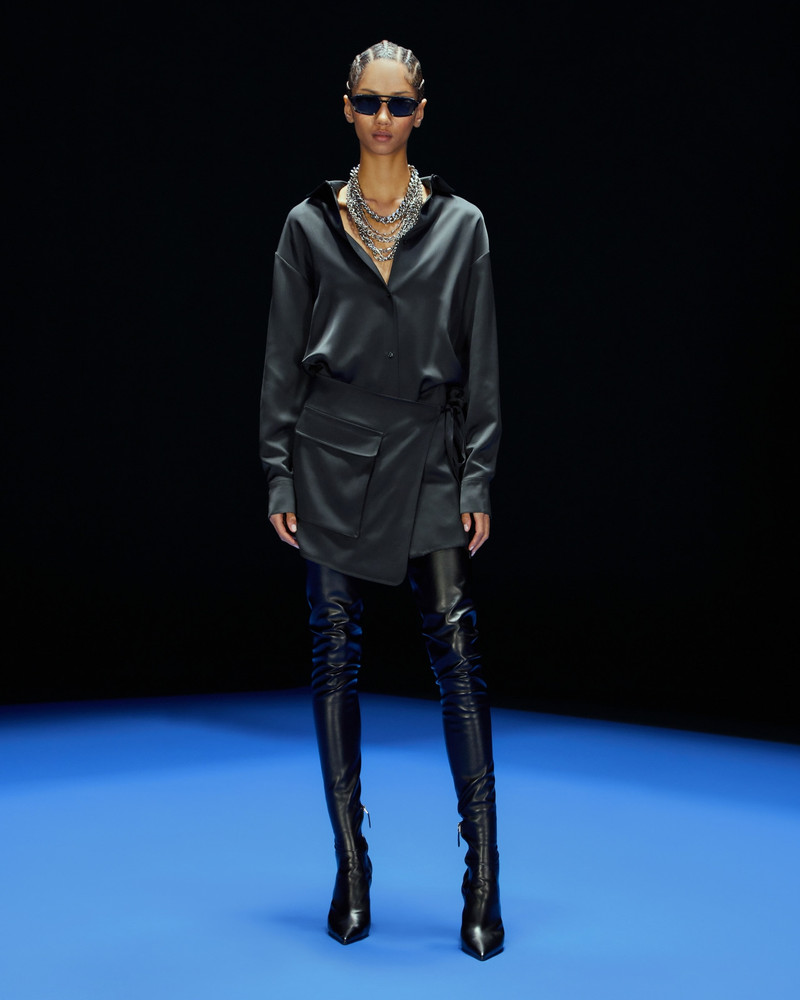 EMPORIO ARMANI ASV Black Blue capsule collection satin shirt-collar dress outlook