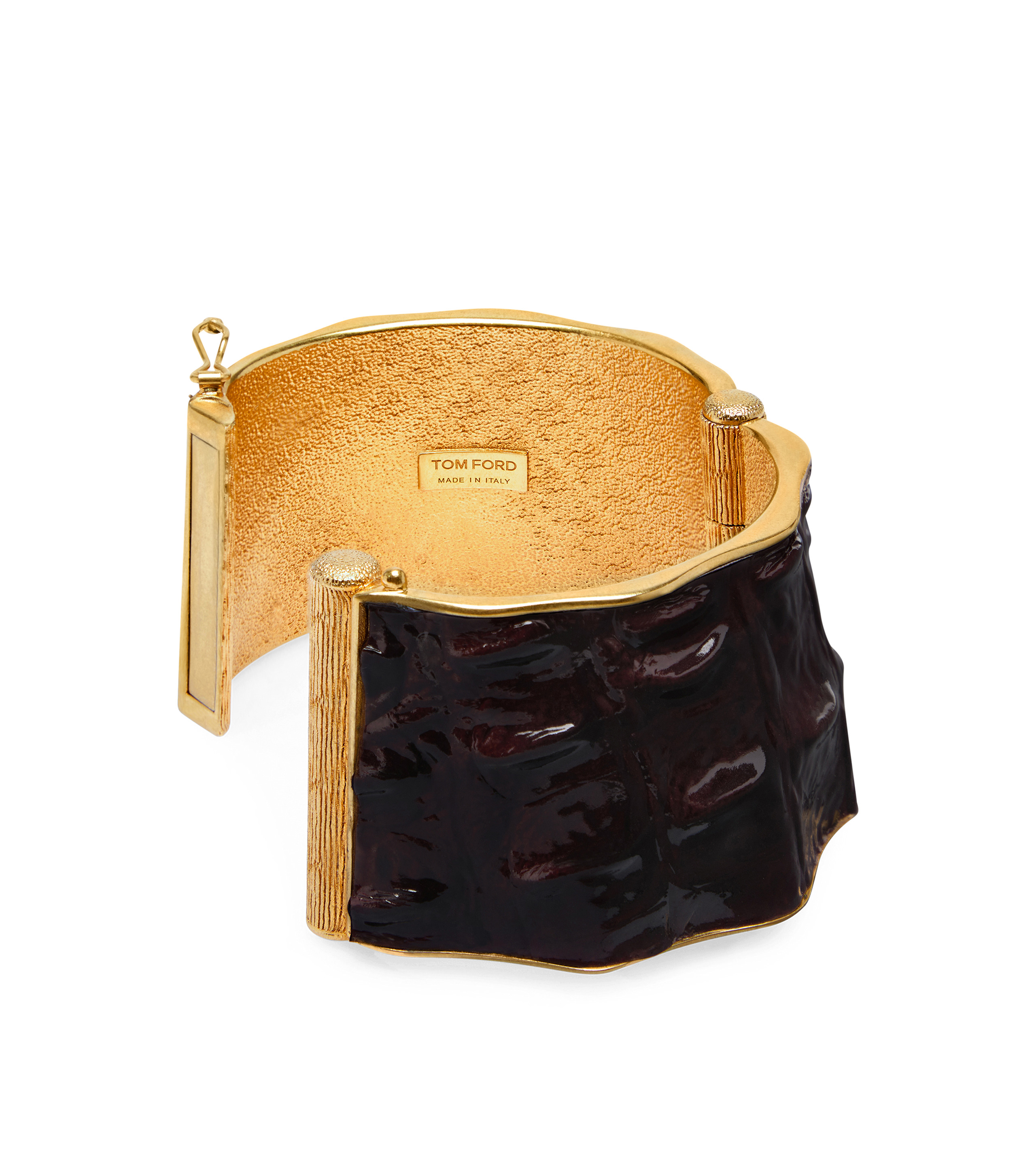 BRASS AND GLOSSY STAMPED CROCODILE LEATHER SOLAR CUFF - 2