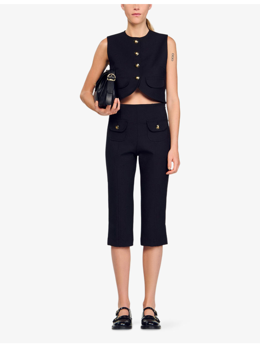 Round-Neck Button-Down Sleeveless Stretch-Woven Crop Top - 2