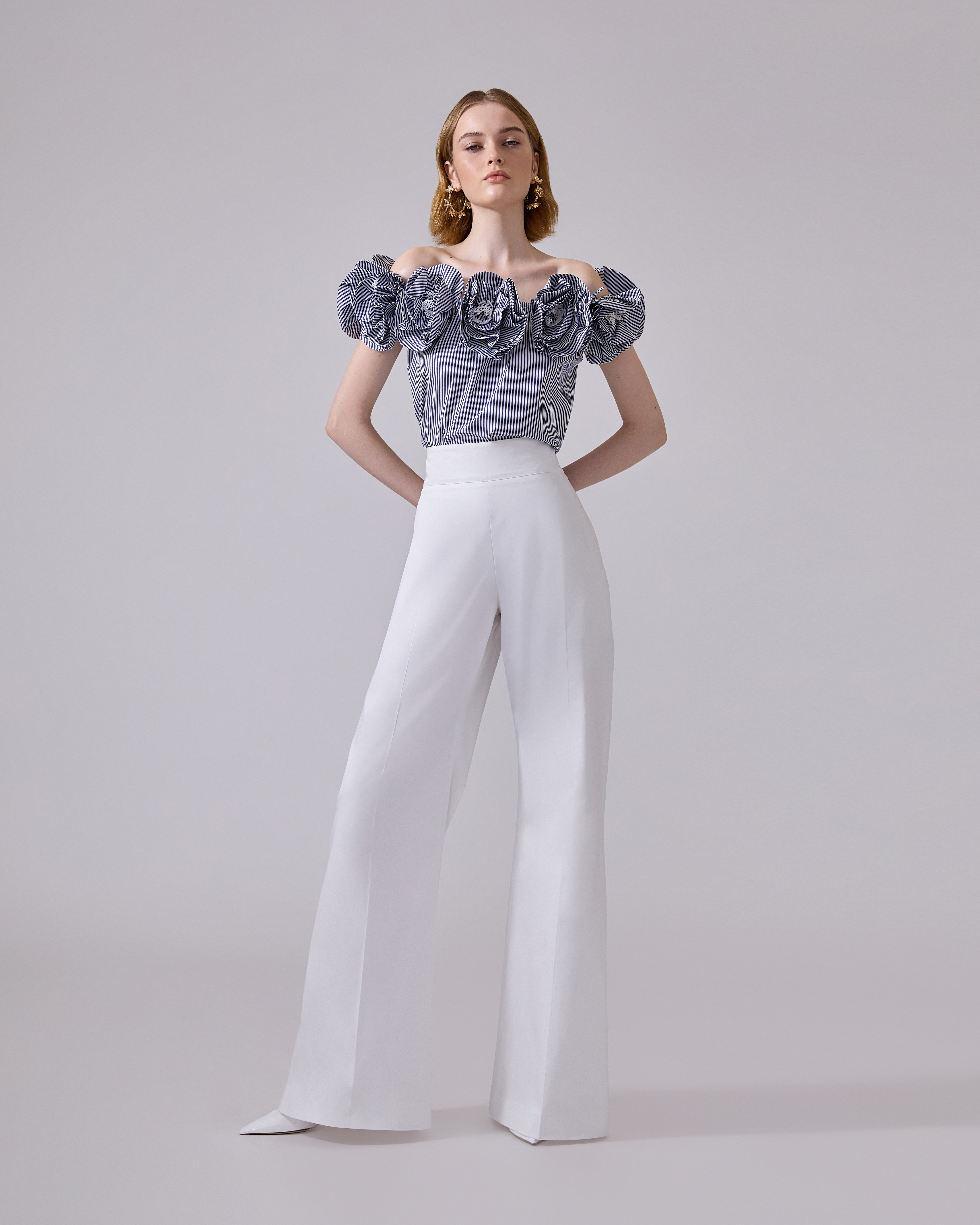 Rosette Off-Shoulder Striped Top - 2