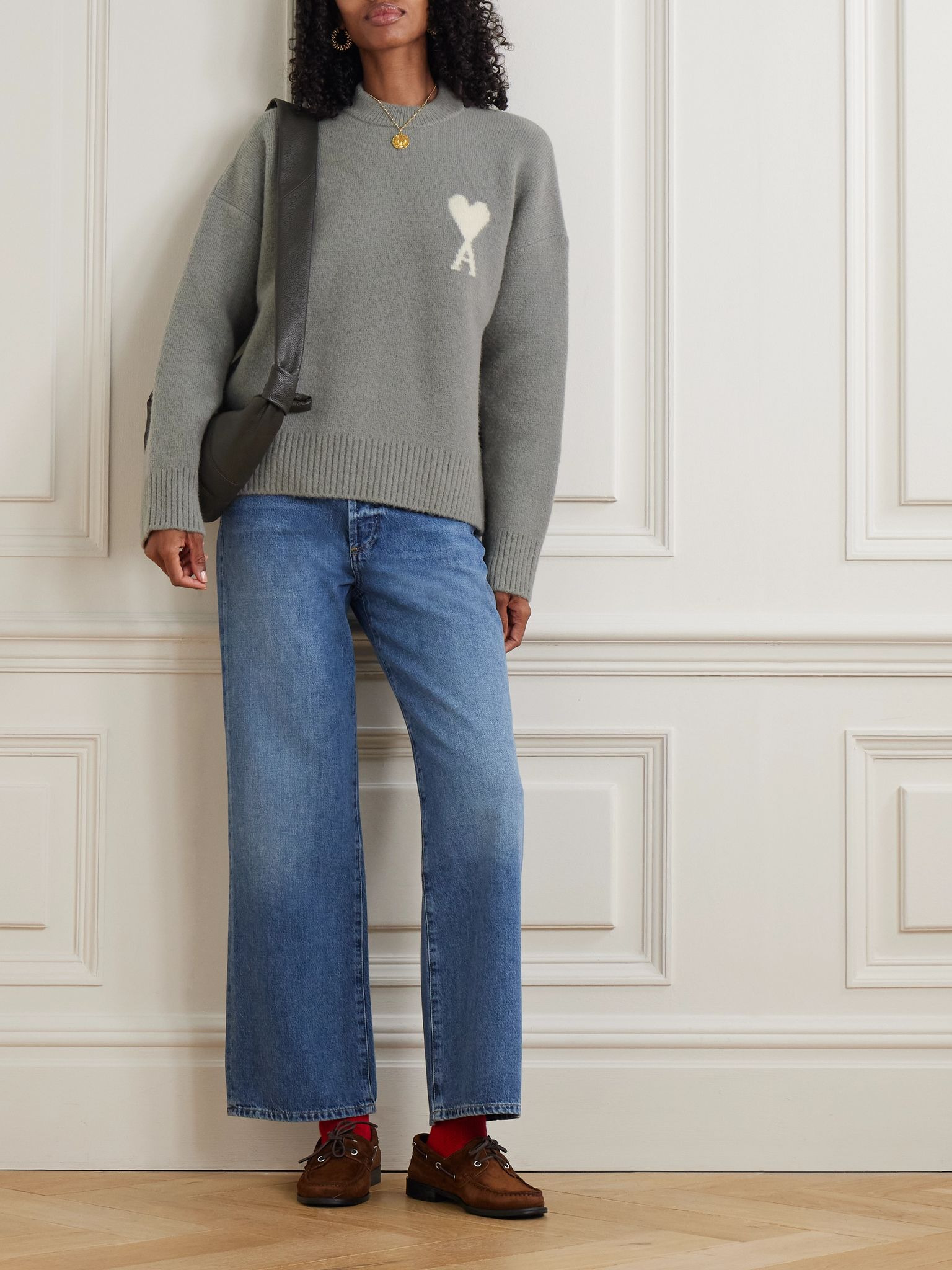 Intarsia oversized alpaca-blend sweater Gray - 2