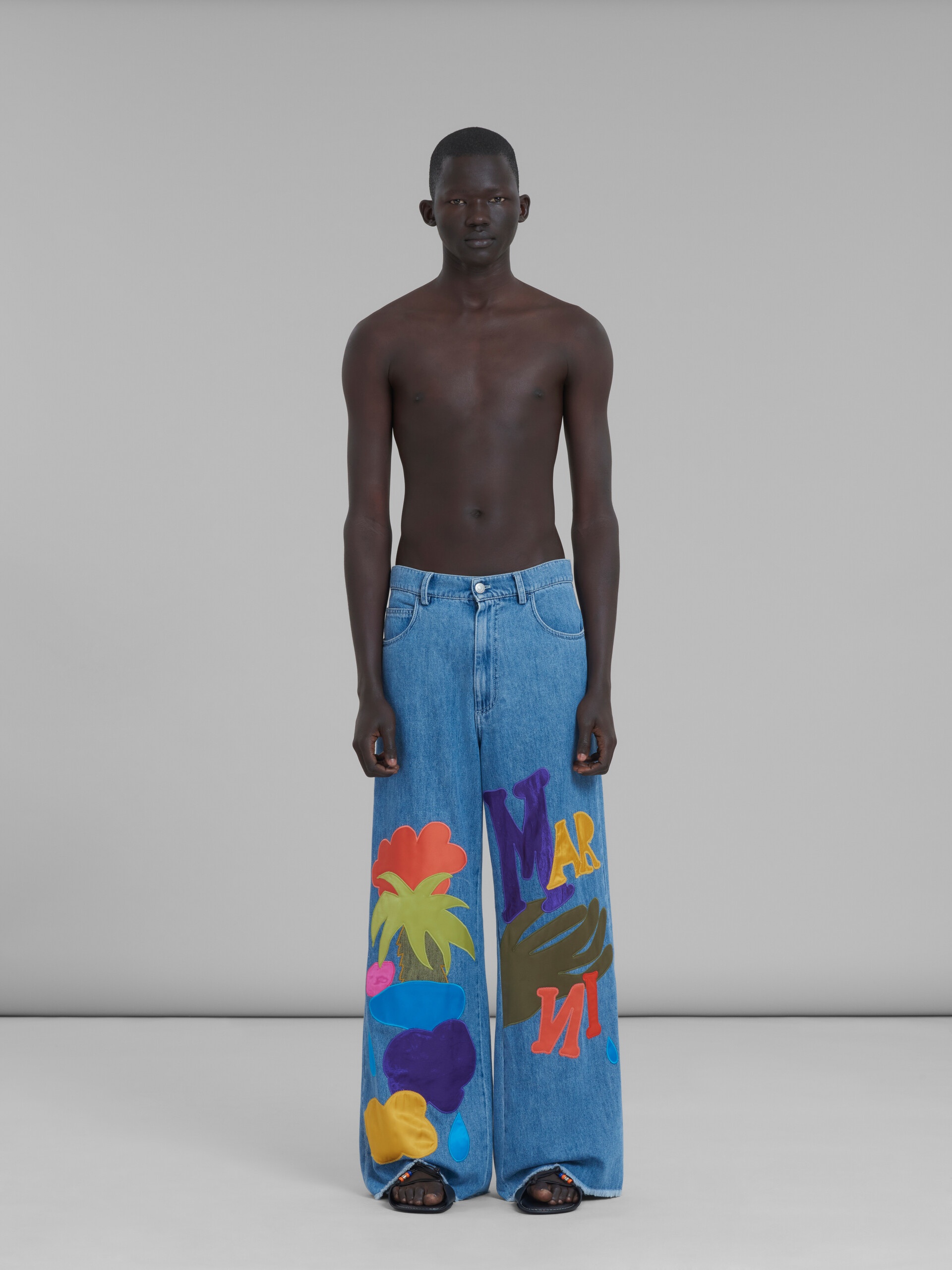 MARNI X NO VACANCY INN - BLUE CHAMBRAY 5 POCKET PANTS WITH EMBROIDERY - 2
