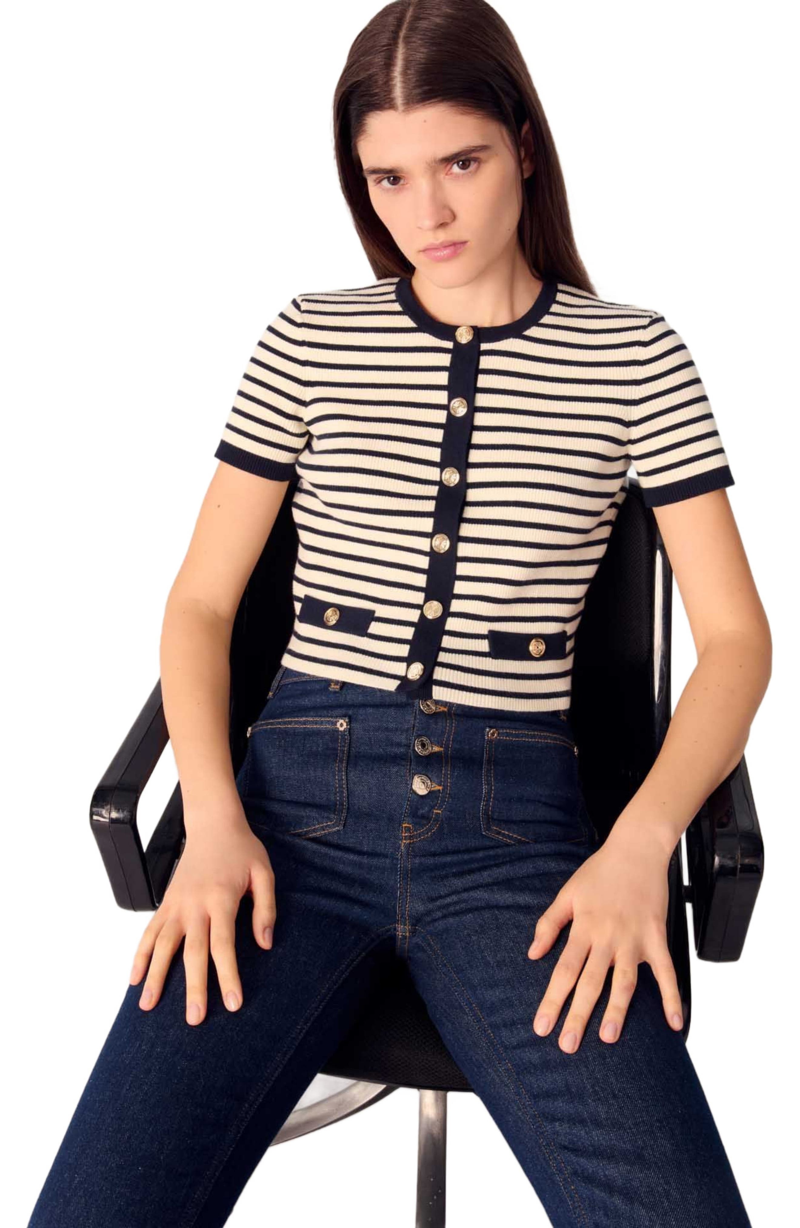 maje Cropped rib knit cardigan in Ecru/navy Blue at Nordstrom - 7