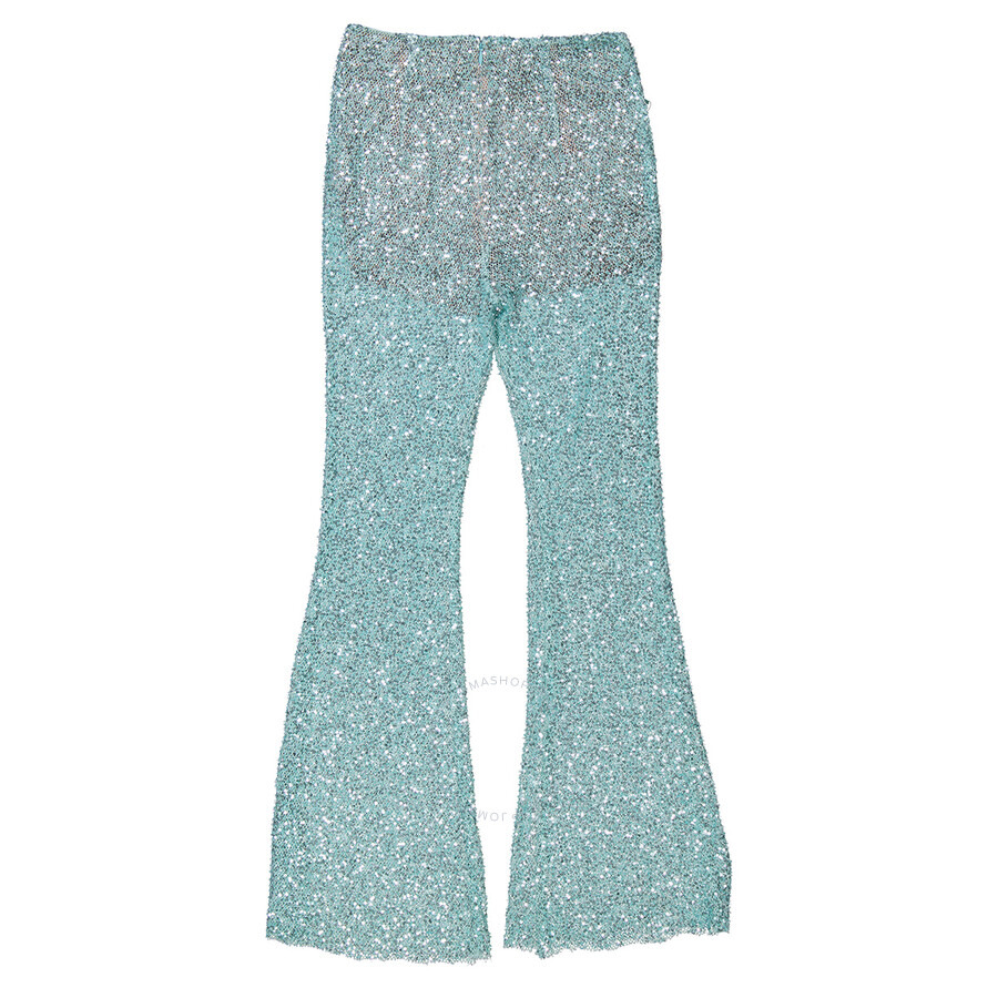 Self Portrait Ladies Blue Beaded Fishnet Flared Pants - 6