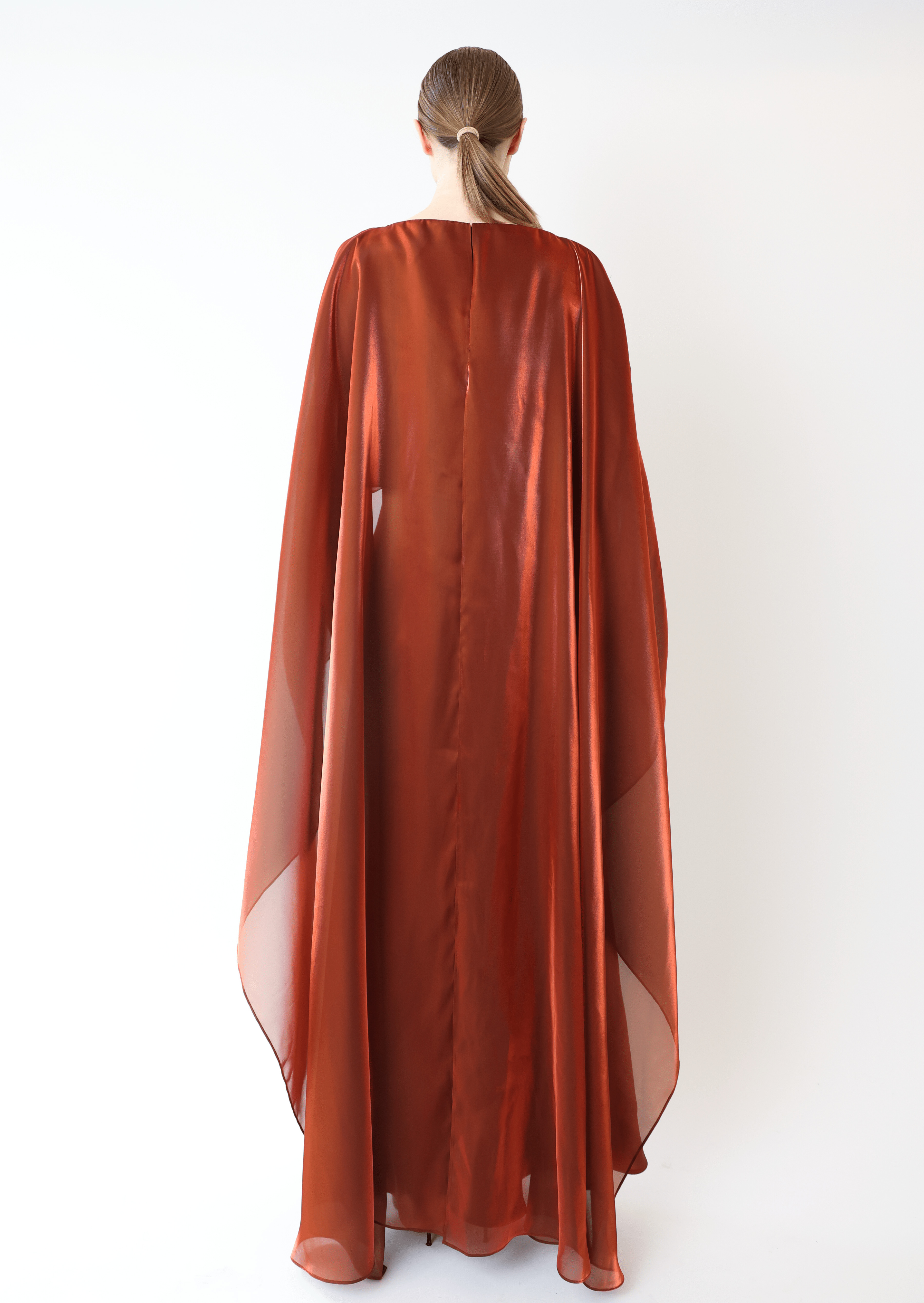 Metallic Organza Layered Gown With Cape - 3