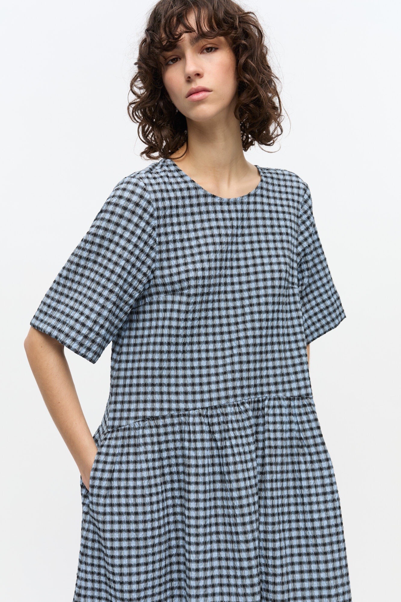 BLUE SEERSUCKER CHECK MIDI DRESS - 4