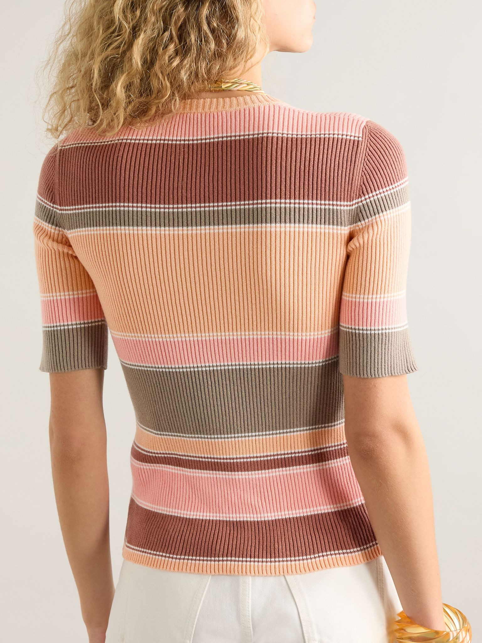 Embroidered striped ribbed cotton sweater Pink - 3