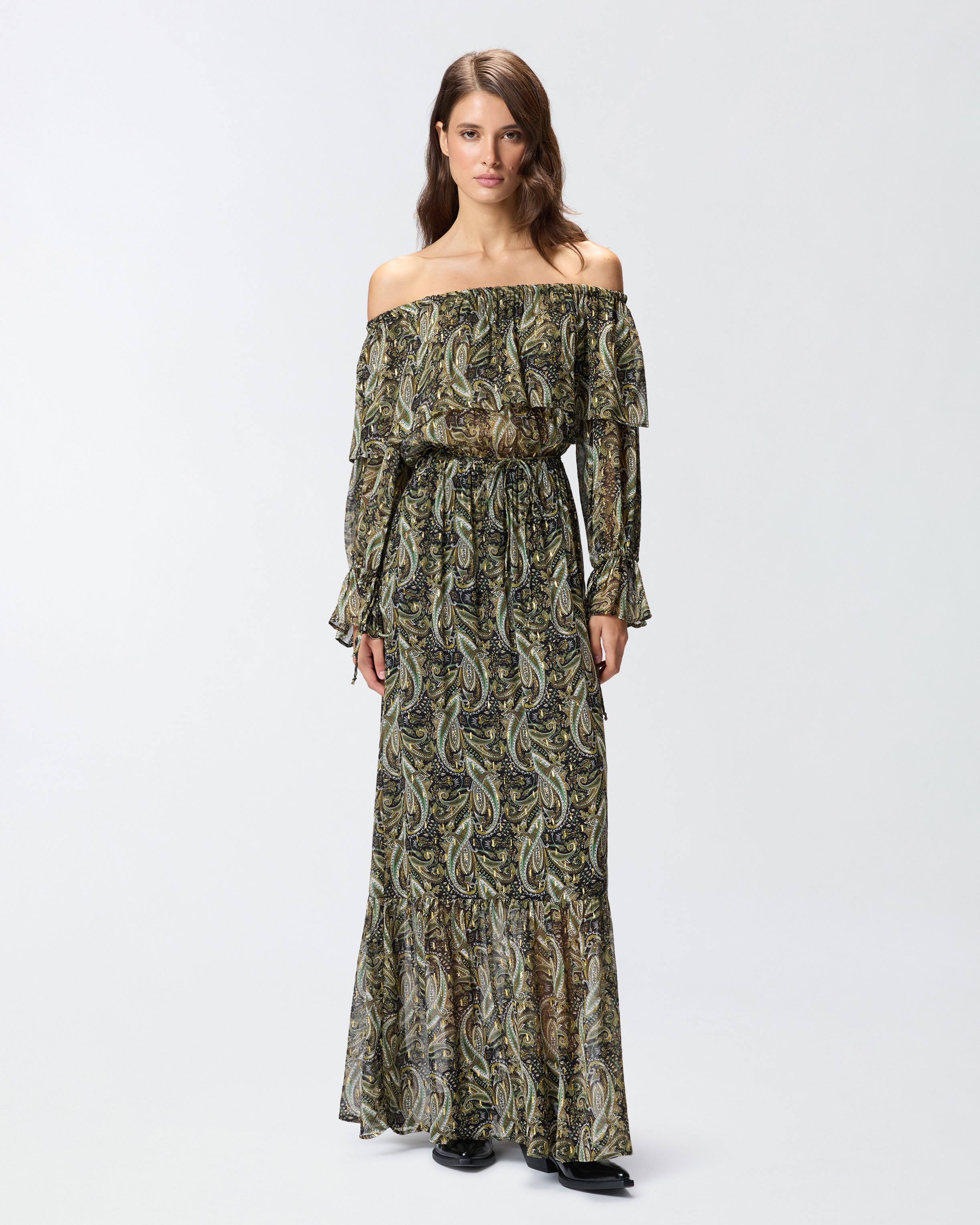 OFF-THE-SHOULDER LONG DRESS WITH CASHMERE PRINT - 2