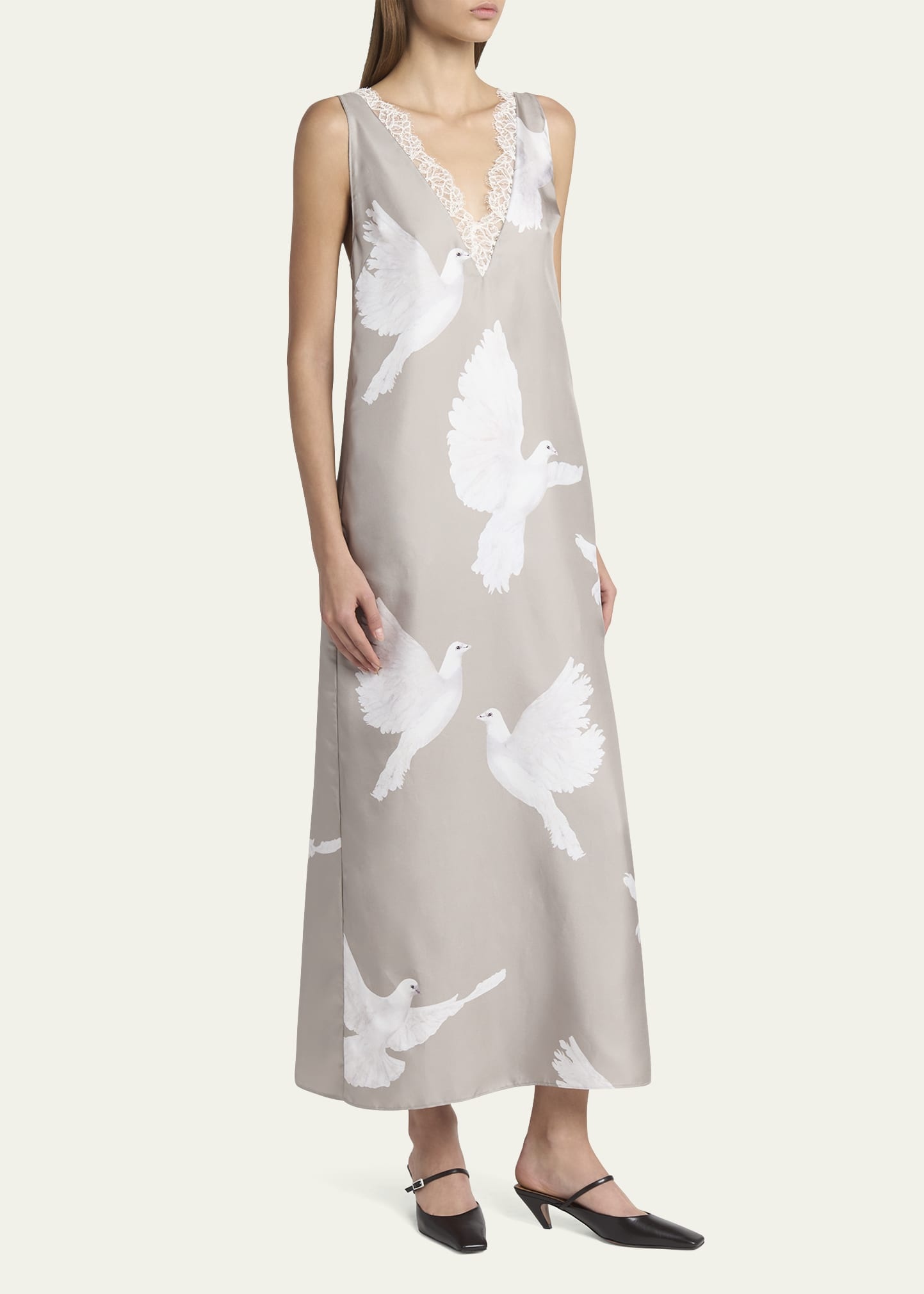 Dove Print Lace Trim Silk Slip Dress - 4