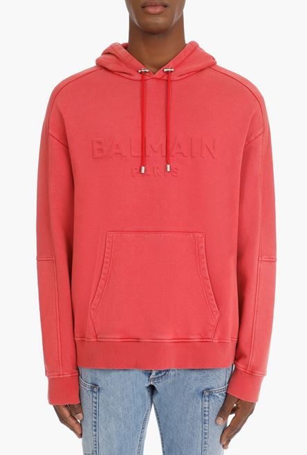 Faded red cotton hooded sweatshirt with embossed Balmain logo - 5