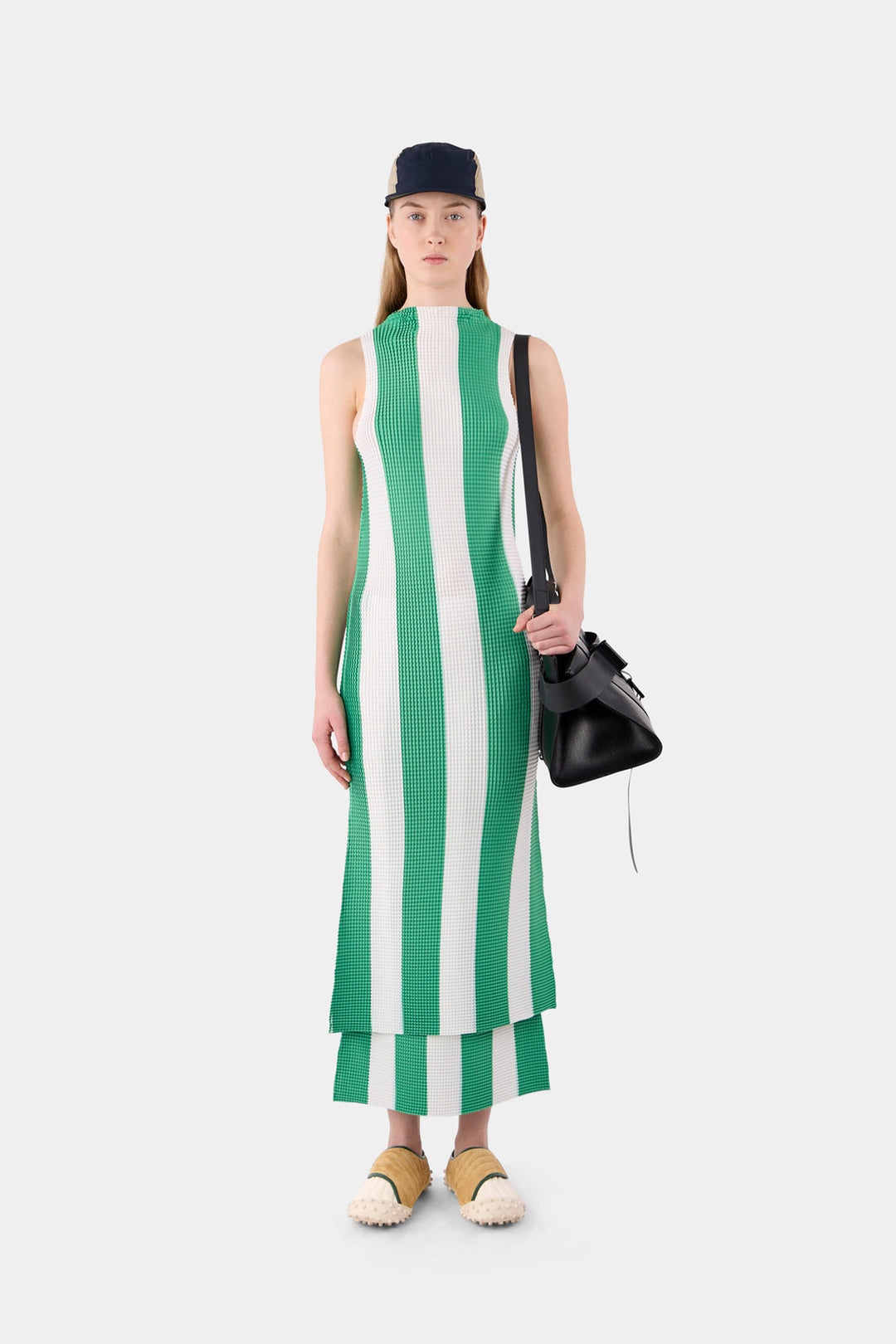 PLEATED TANK DRESS / cream & green stripes - 2