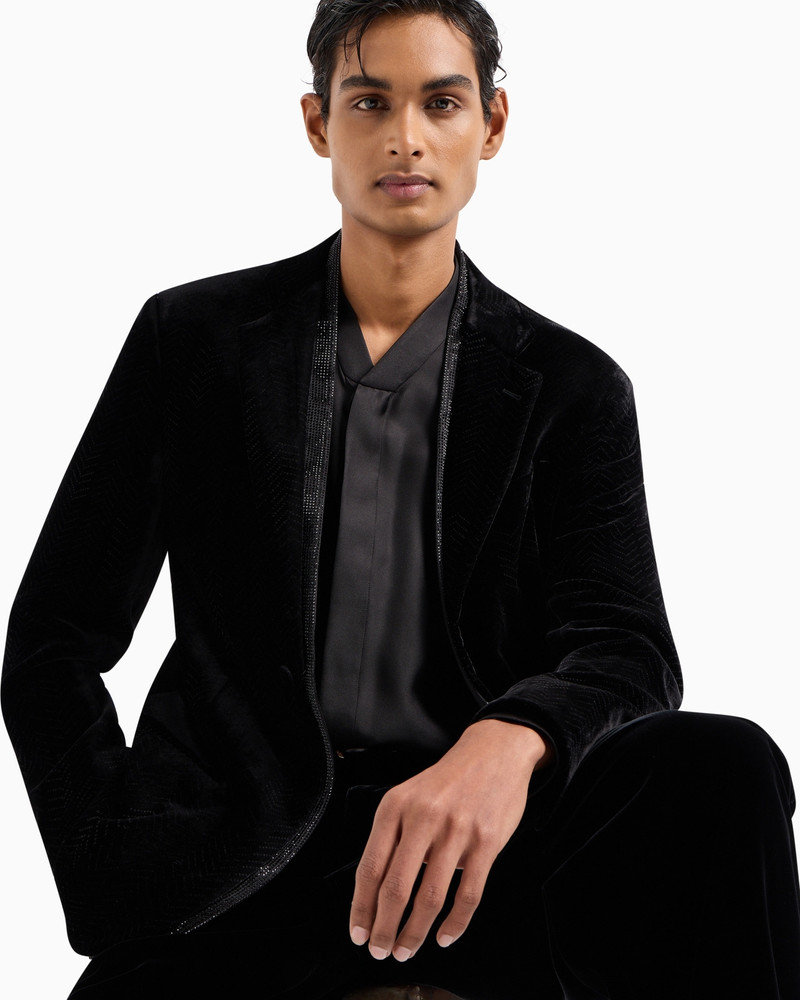 Giorgio’s single-breasted tuxedo jacket in a chevron print velvet 6