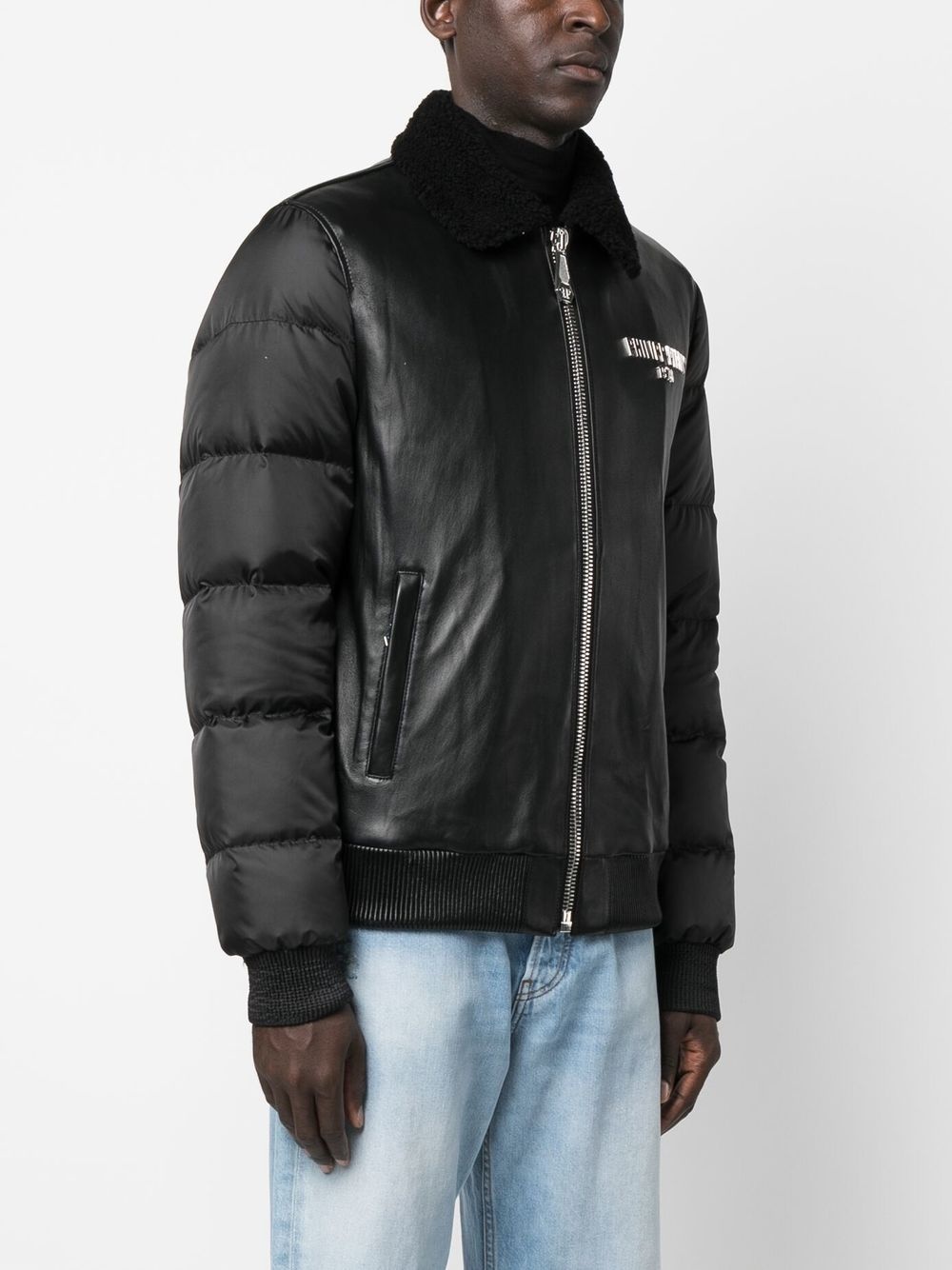 logo-print padded leather jacket - 3