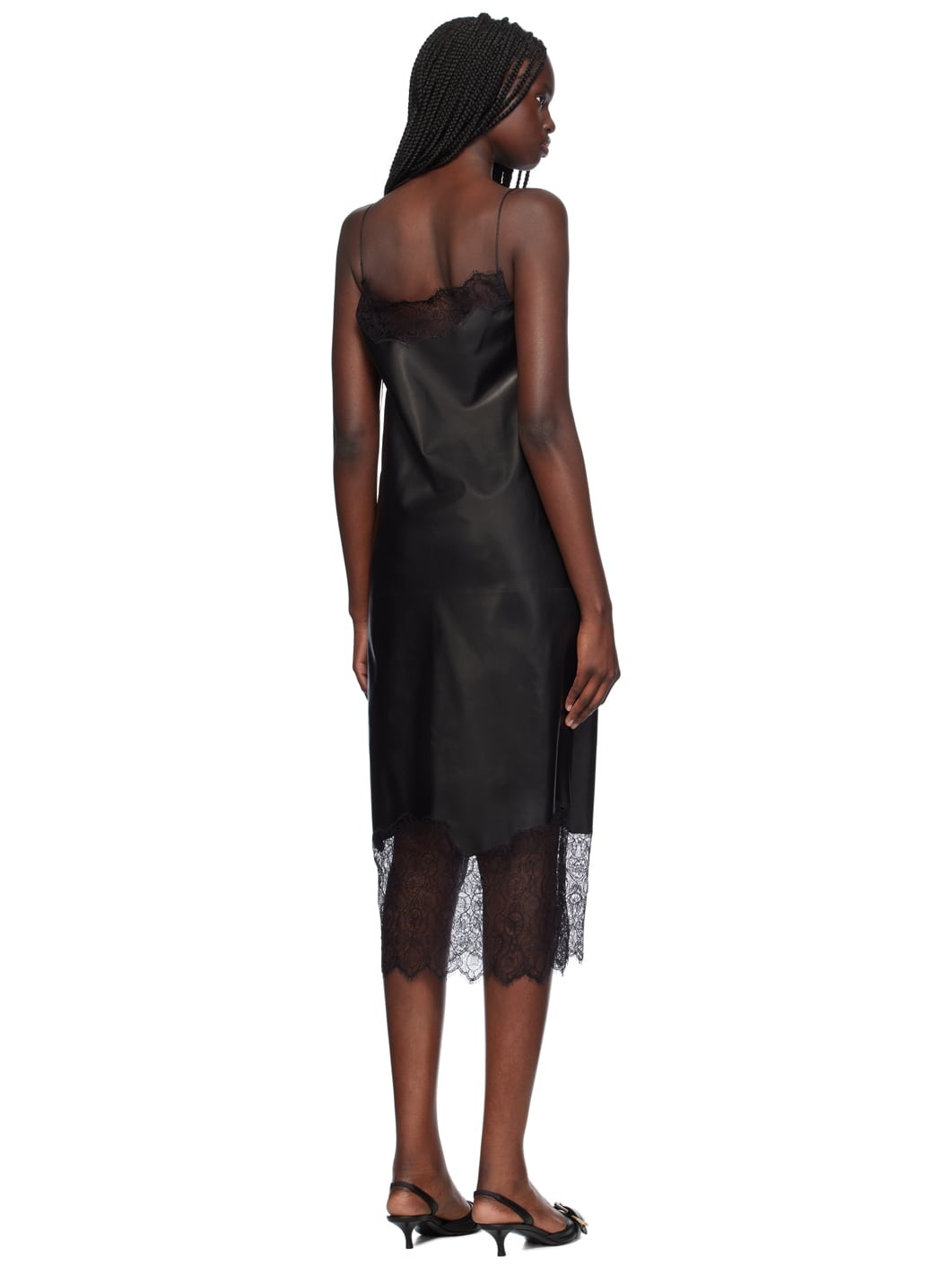 Black Lace Trim Leather Midi Dress - 3