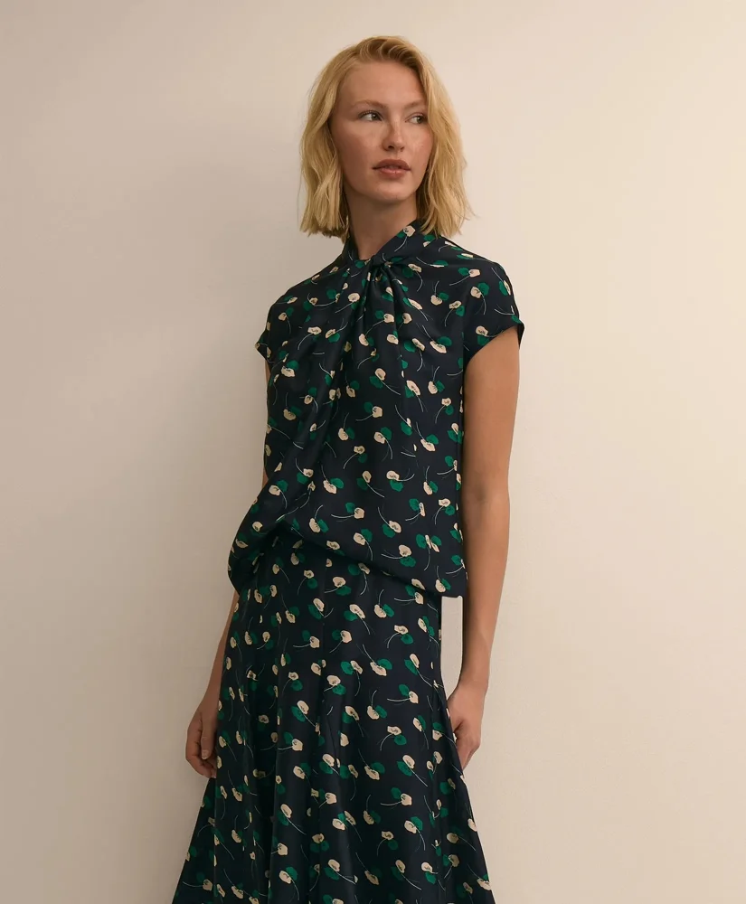 Silk Twist-Neck Leaf Blouse - 1