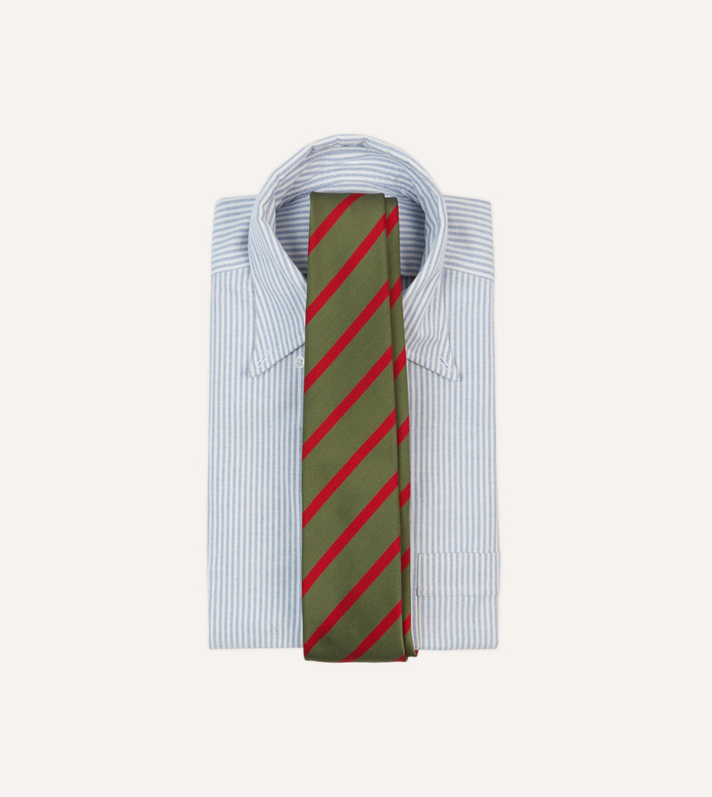 Drake's Olive and Red Bar Stripe Mogador Silk Tipped Tie outlook
