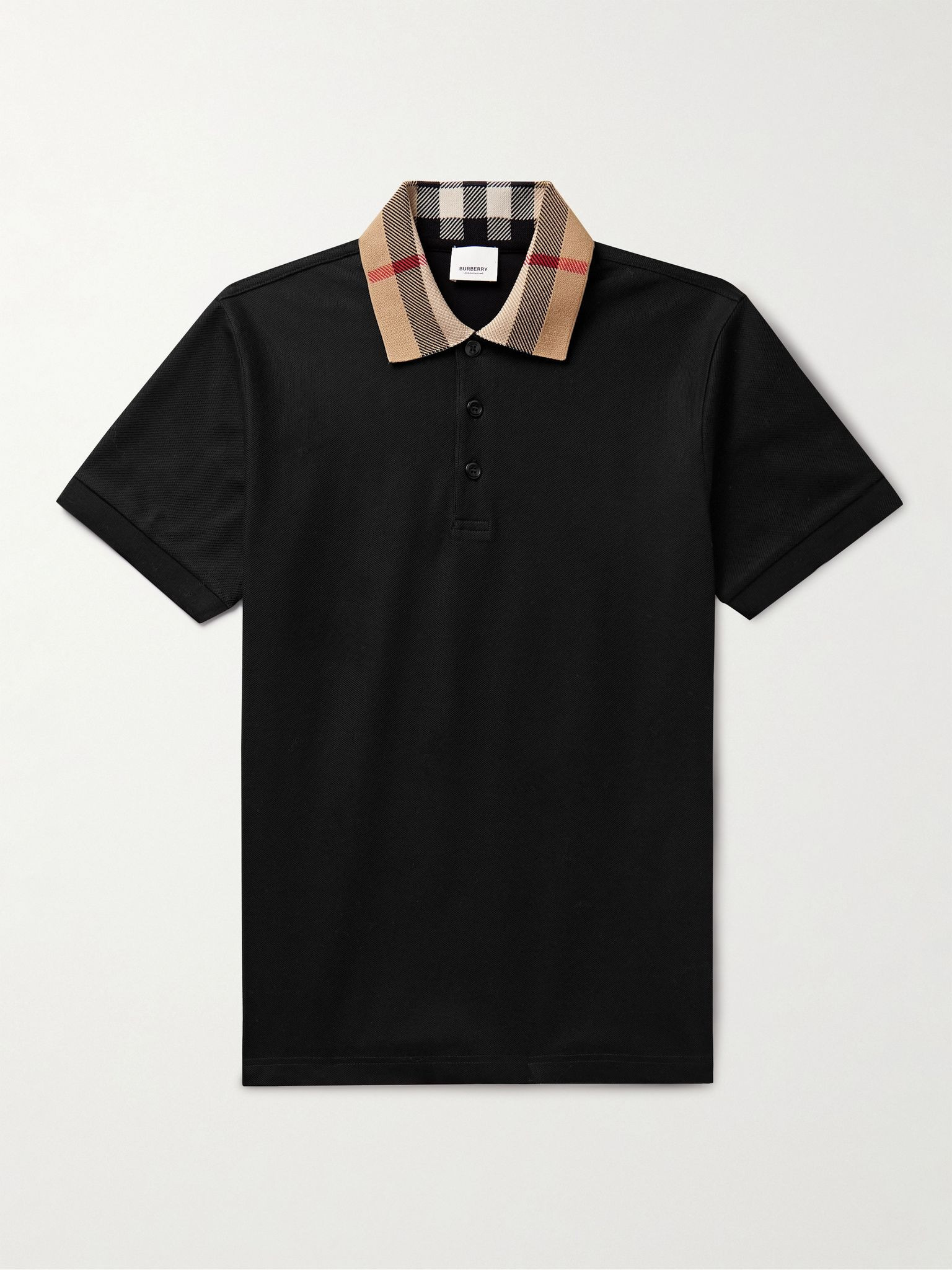 Check-Trimmed Cotton-Piqué Polo Shirt Black - 1
