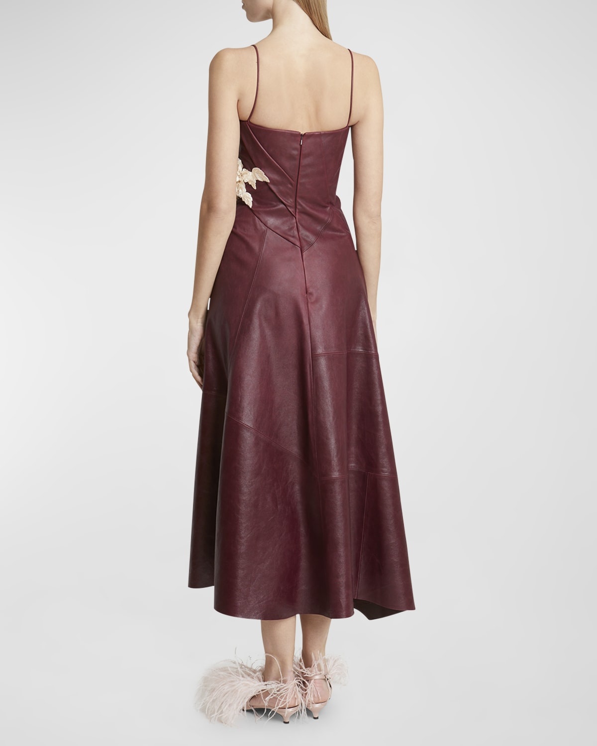 Leather Asymmetric Draped Floral Applique Dress - 4