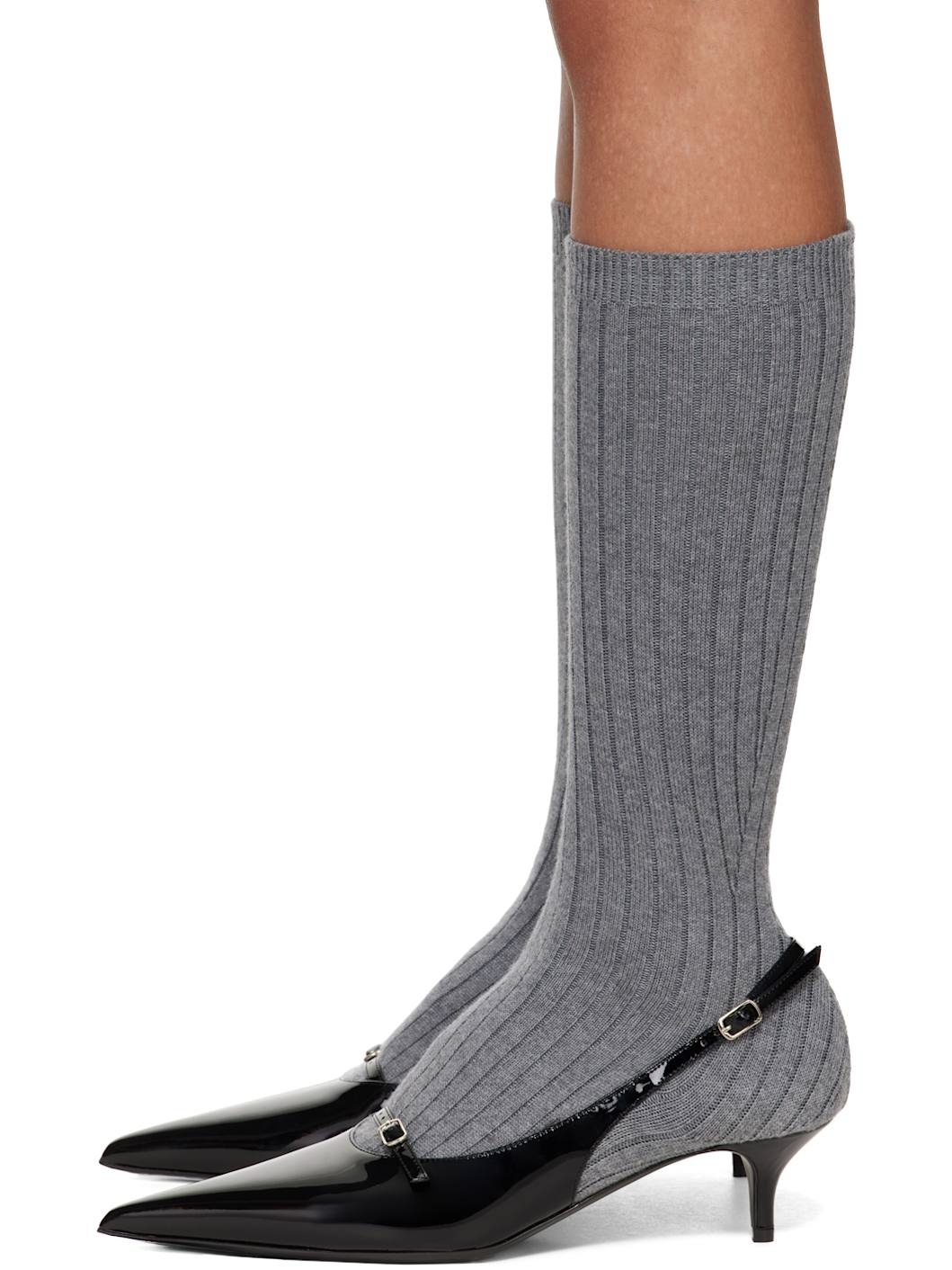 Gray & Black Ribbed Sock Boot Heels - 3