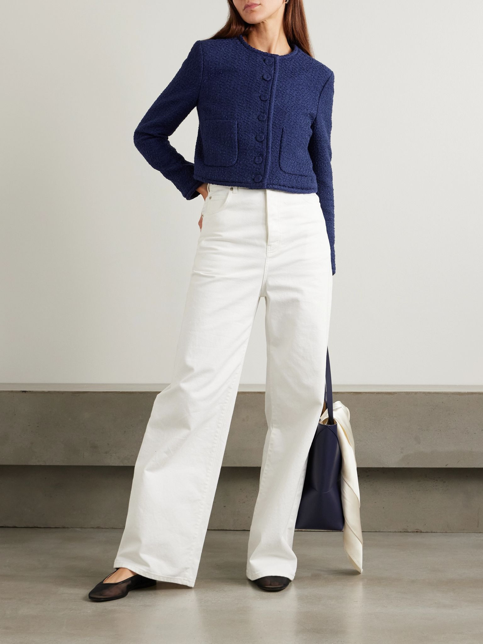 Cropped organic cotton-tweed jacket Blue - 2