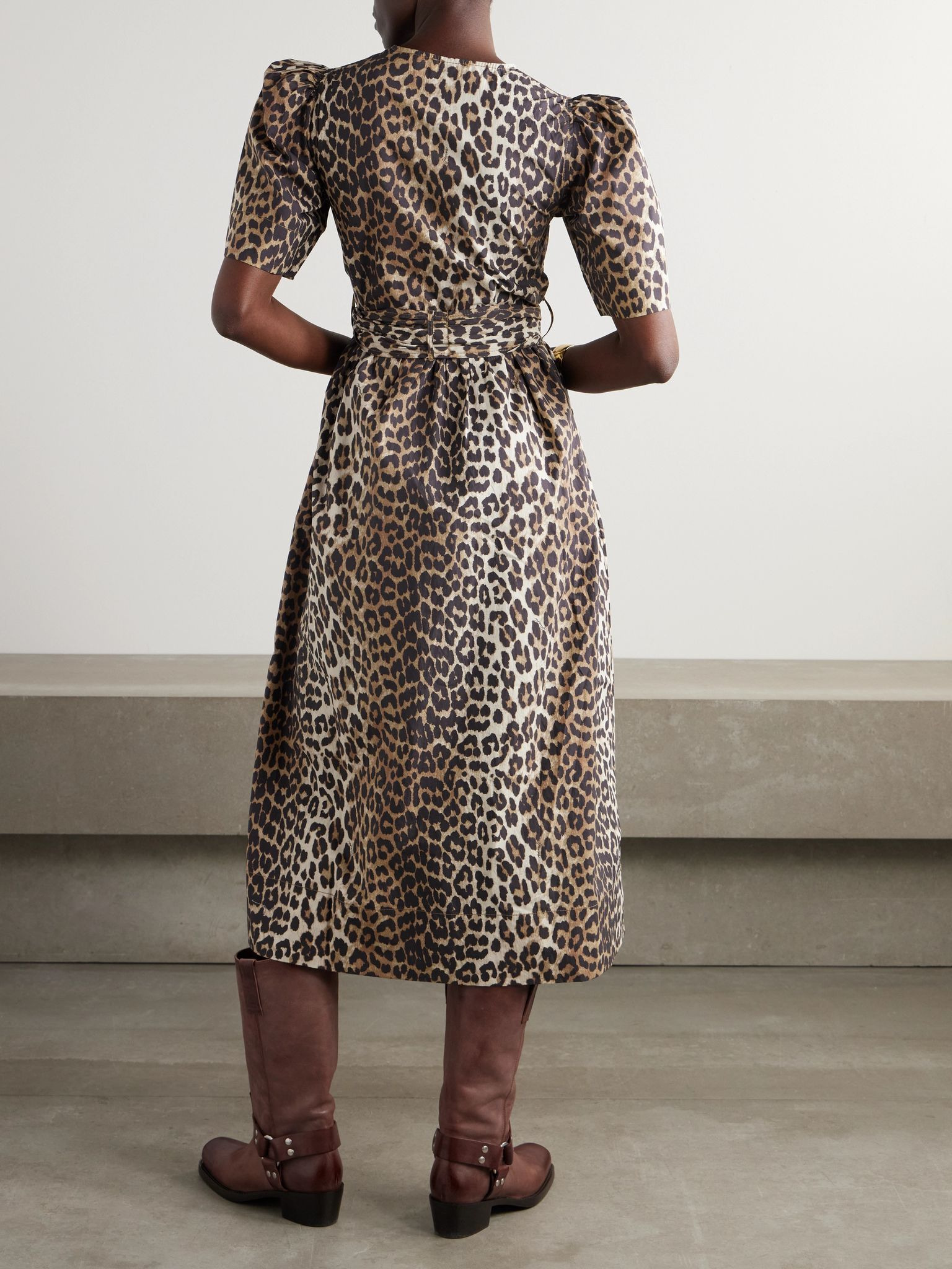 Belted bow-embellished leopard-print cotton-poplin midi dress Leopard print - 3