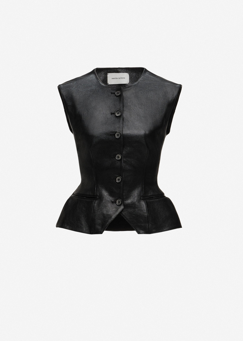 Tailored flared vest in black leather 1