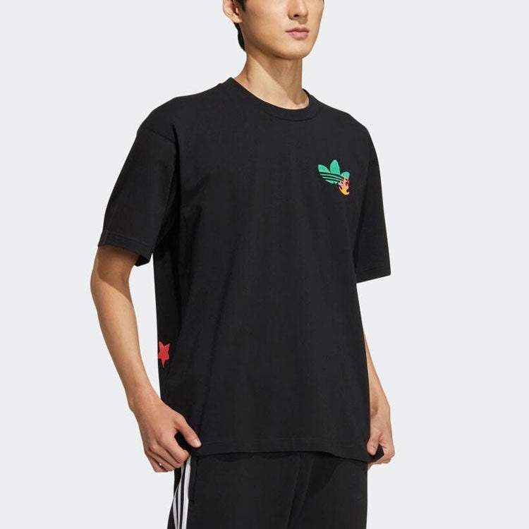 adidas Logo Cartoon Pattern Embroidered Round Neck Short Sleeve Black T-Shirt HM8041 - 4