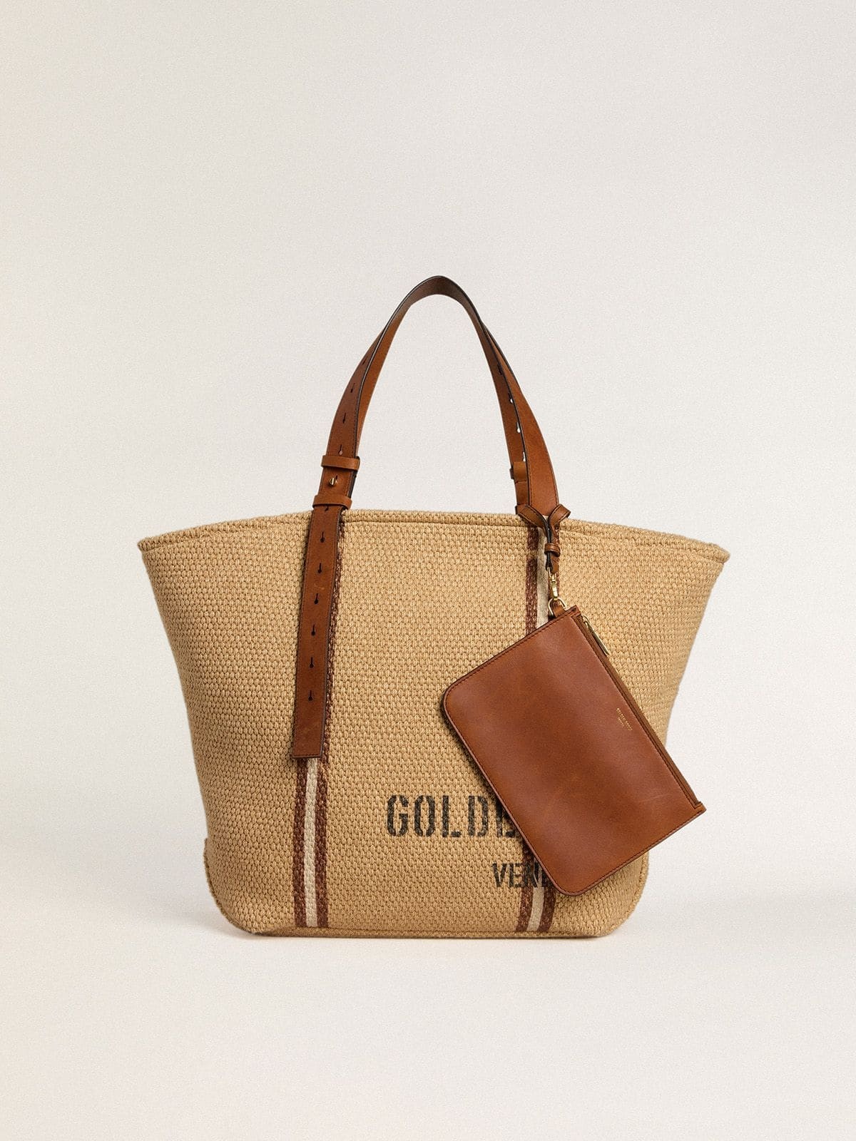 24.7 tote bag in natural raffia and brown leather with gold metallic details - 5