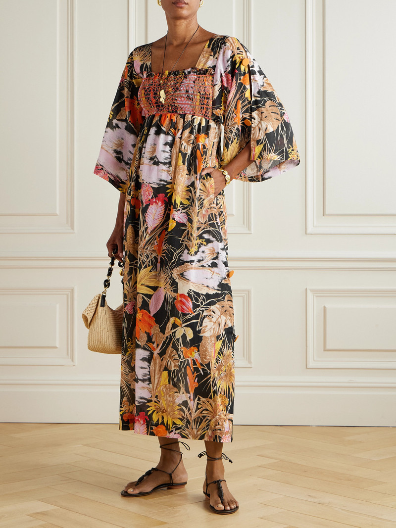 LORETTA CAPONI Malibu Smocked Printed Cotton Midi Dress outlook