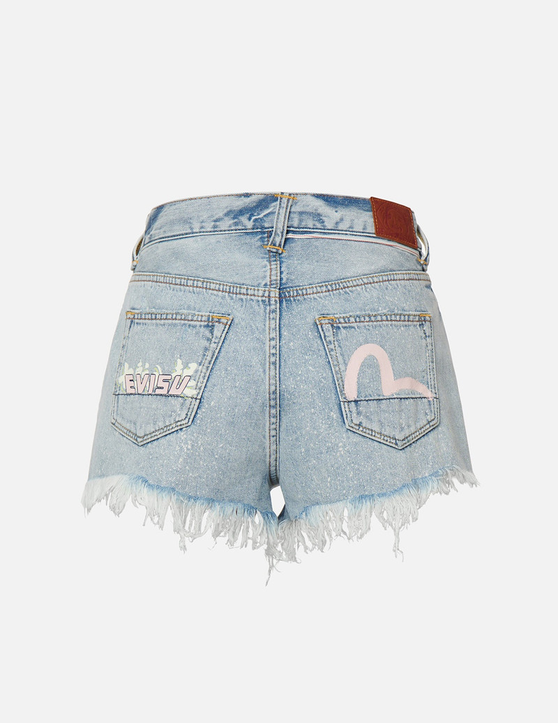 SEAGULL AND SLOGAN PRINT DENIM SHORTS 1