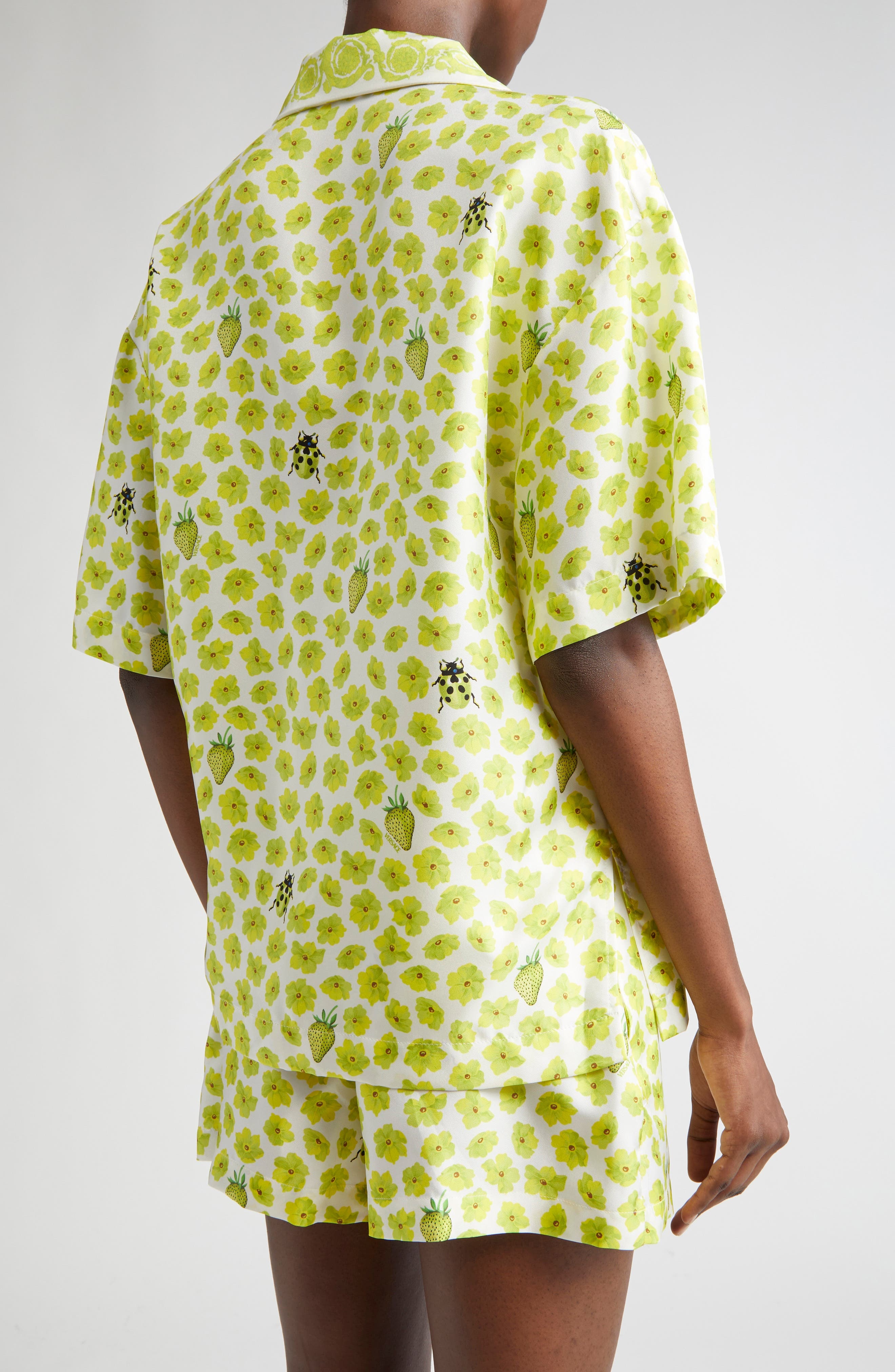 Versace Strawberry Garden Print Camp Shirt in White/Lime at Nordstrom - 3