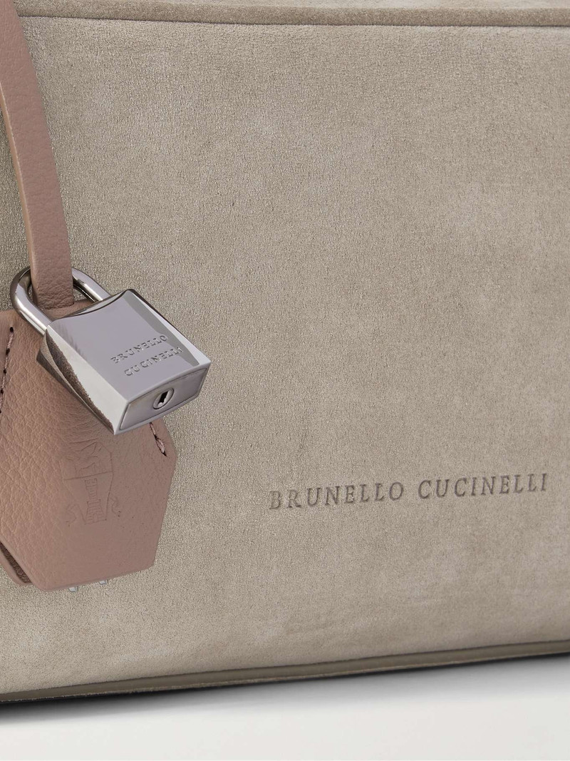 Leather-trimmed suede shoulder bag Gray 4