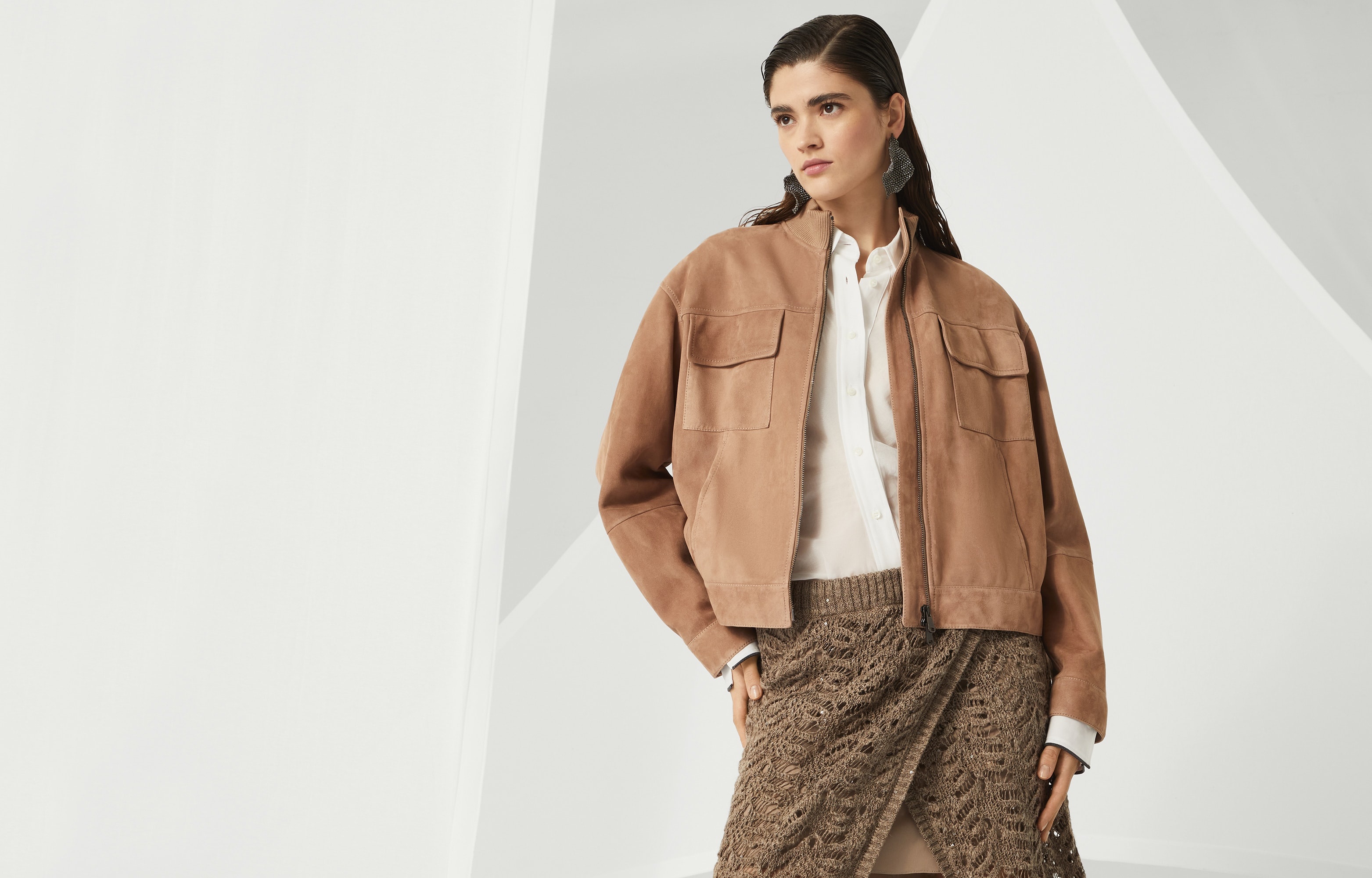 Couture suede outerwear jacket with monili - 6