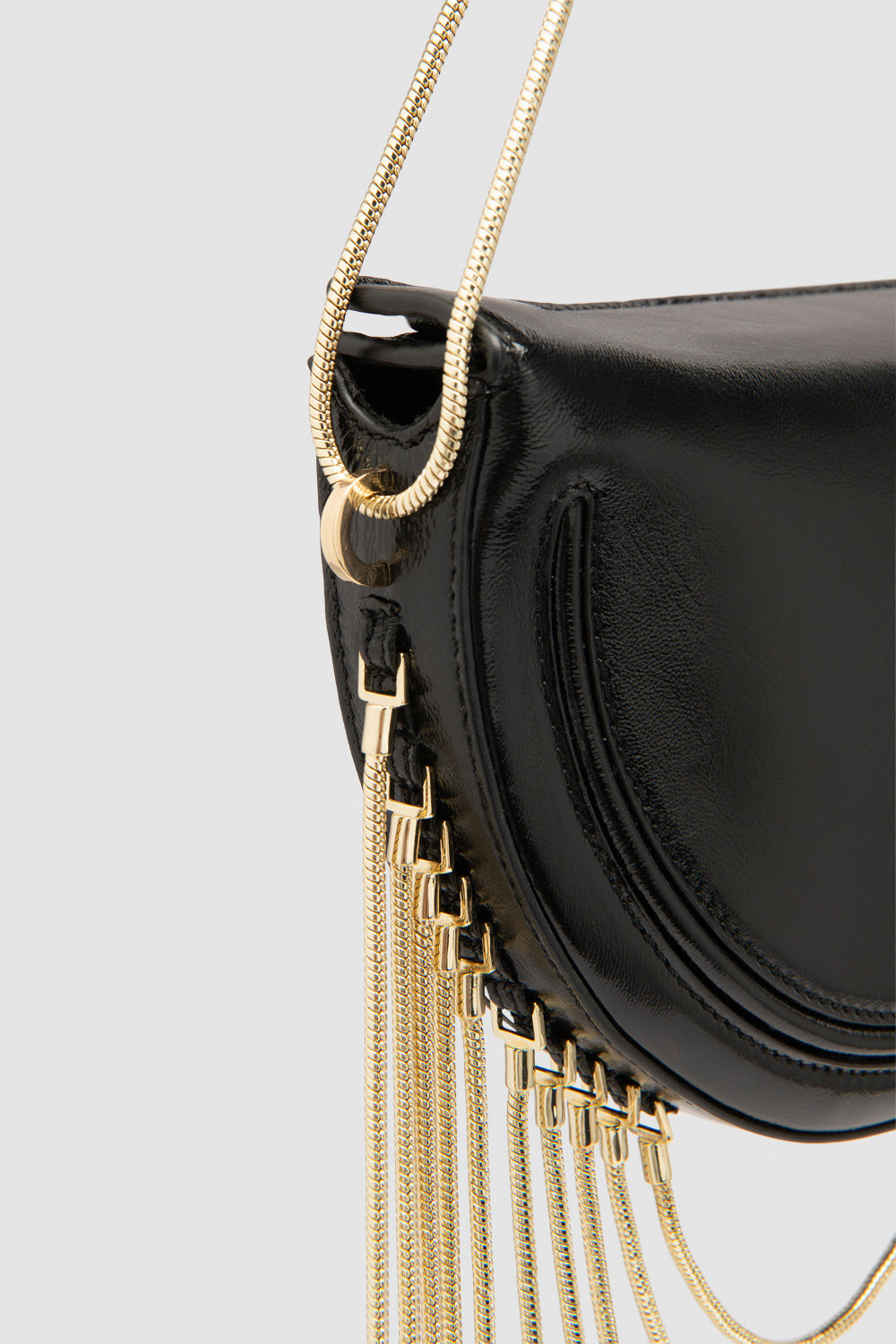 Chime Black Glossy Textured Leather Shoulder Bag - 3