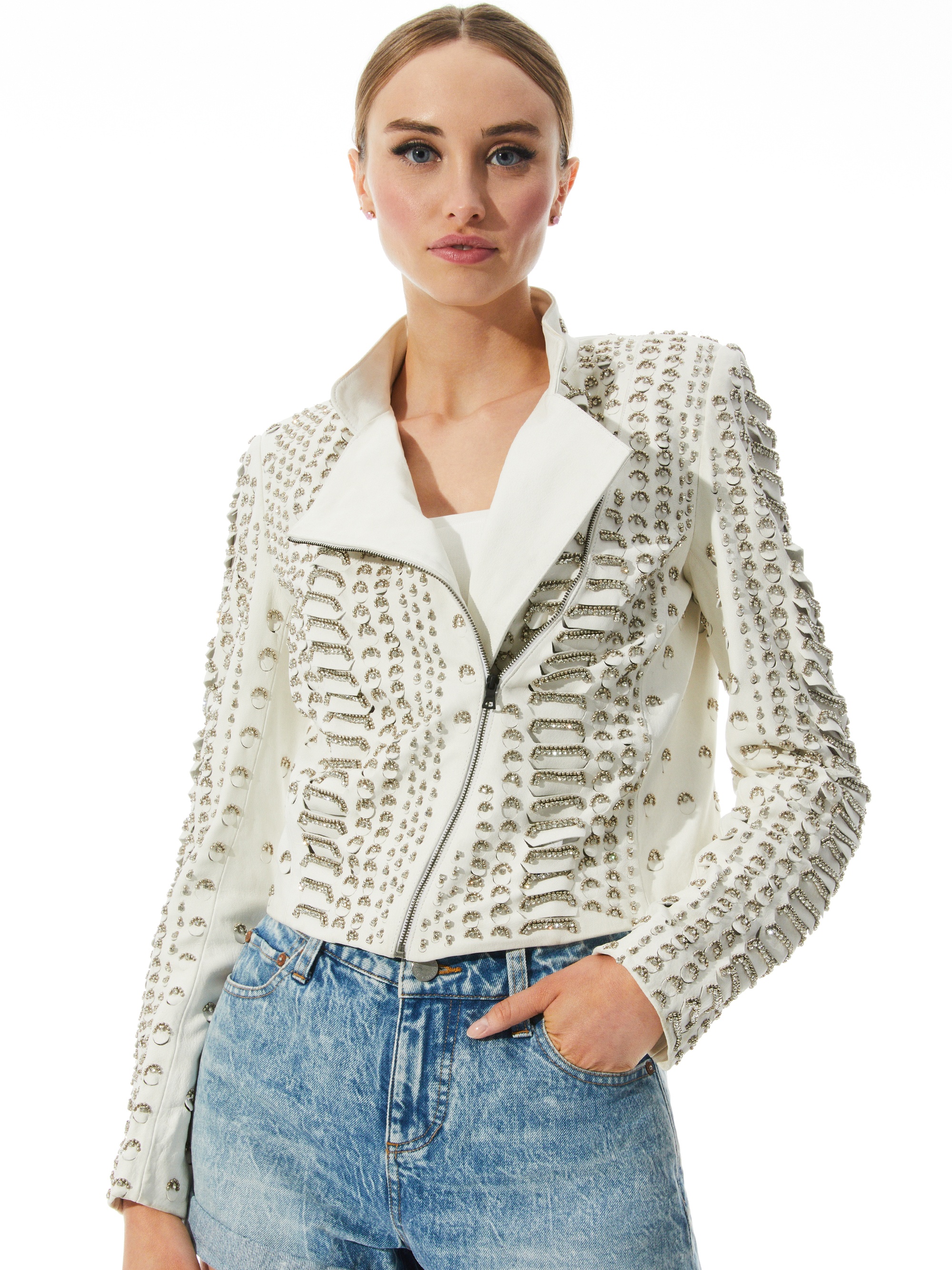 JACE EMBELLISHED LEATHER MOTO JACKET - 1